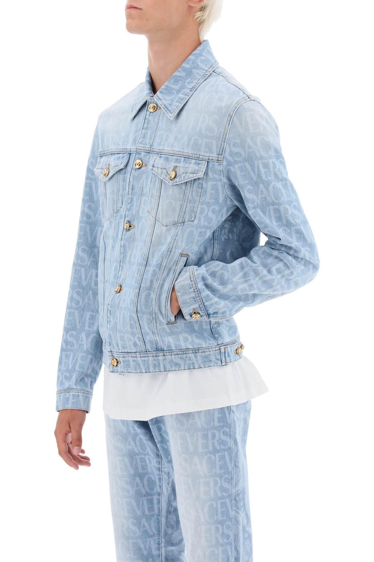 Shop Versace Allover Denim Jacket In Light Blue (blue)