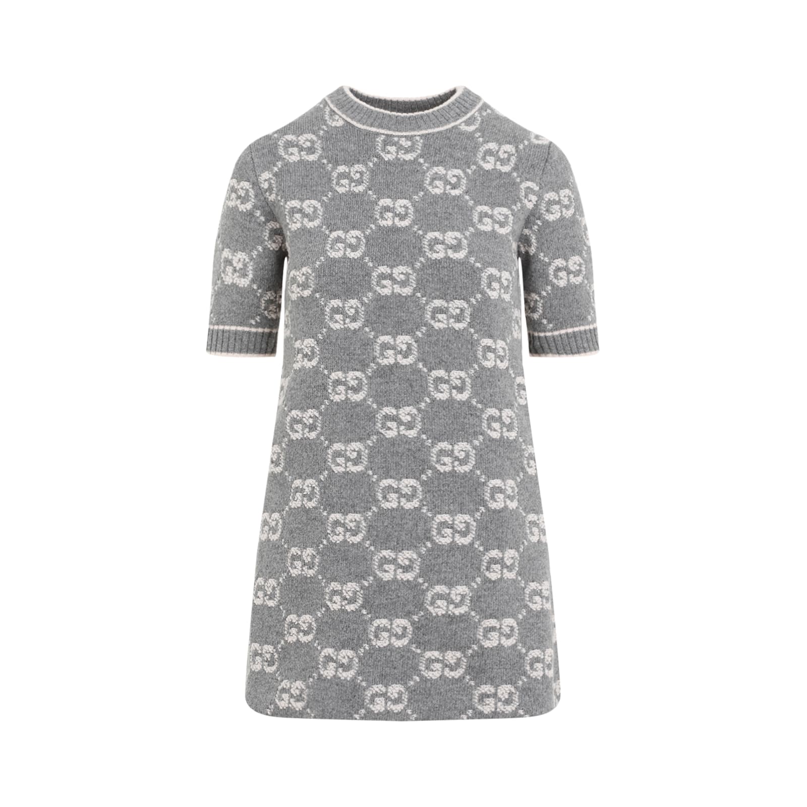 Shop Gucci Wool Mini Dress In Grey Ivory