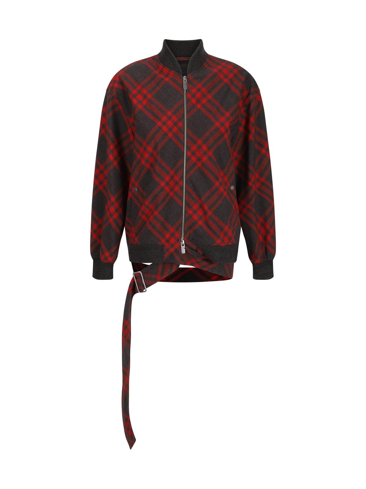 Shop Burberry Checked Belted Waist Bomber Jacket In Red