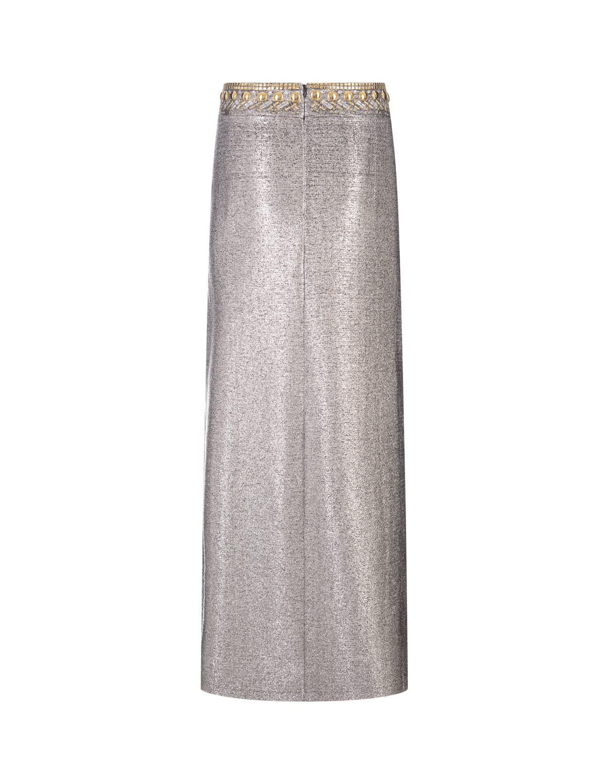 Shop Rabanne Silver Long Skirt With Gold Studs