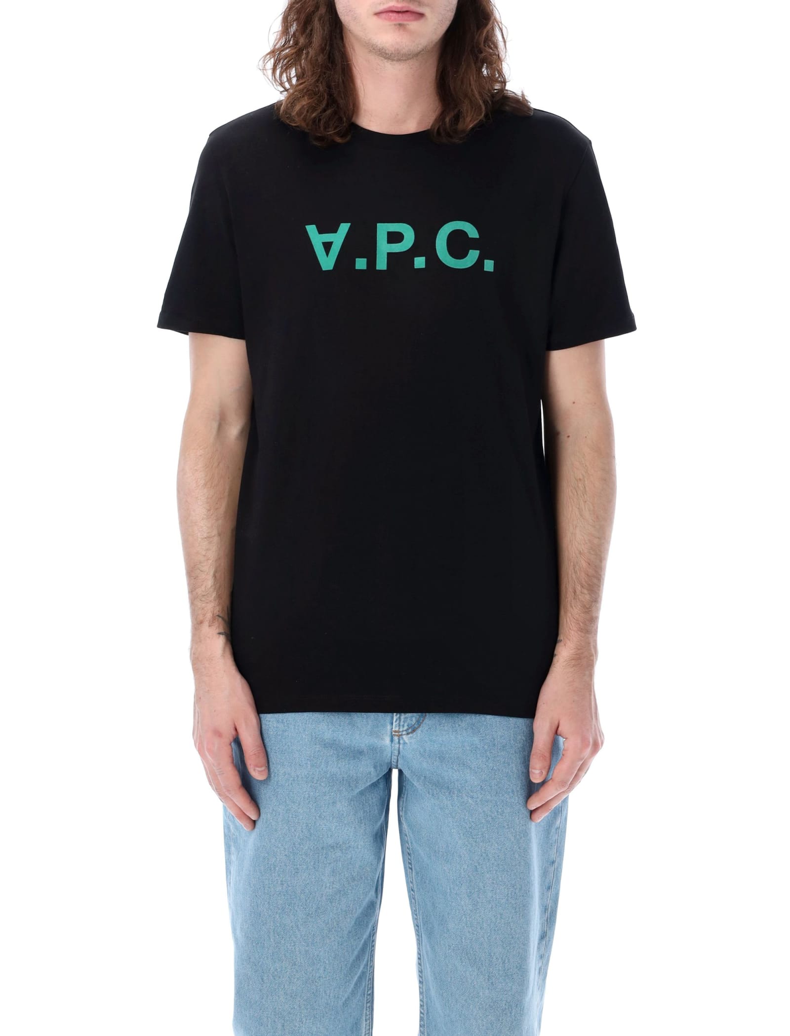 Apc A. P.c. Solid Color Crew-neck T-shirt With Flocked Logo In Black Green