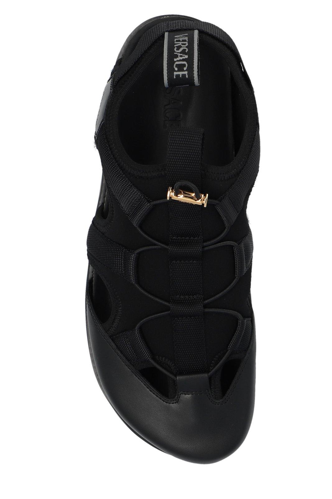 Shop Versace Logo-detailed Drawstring Sandals In Black/gold