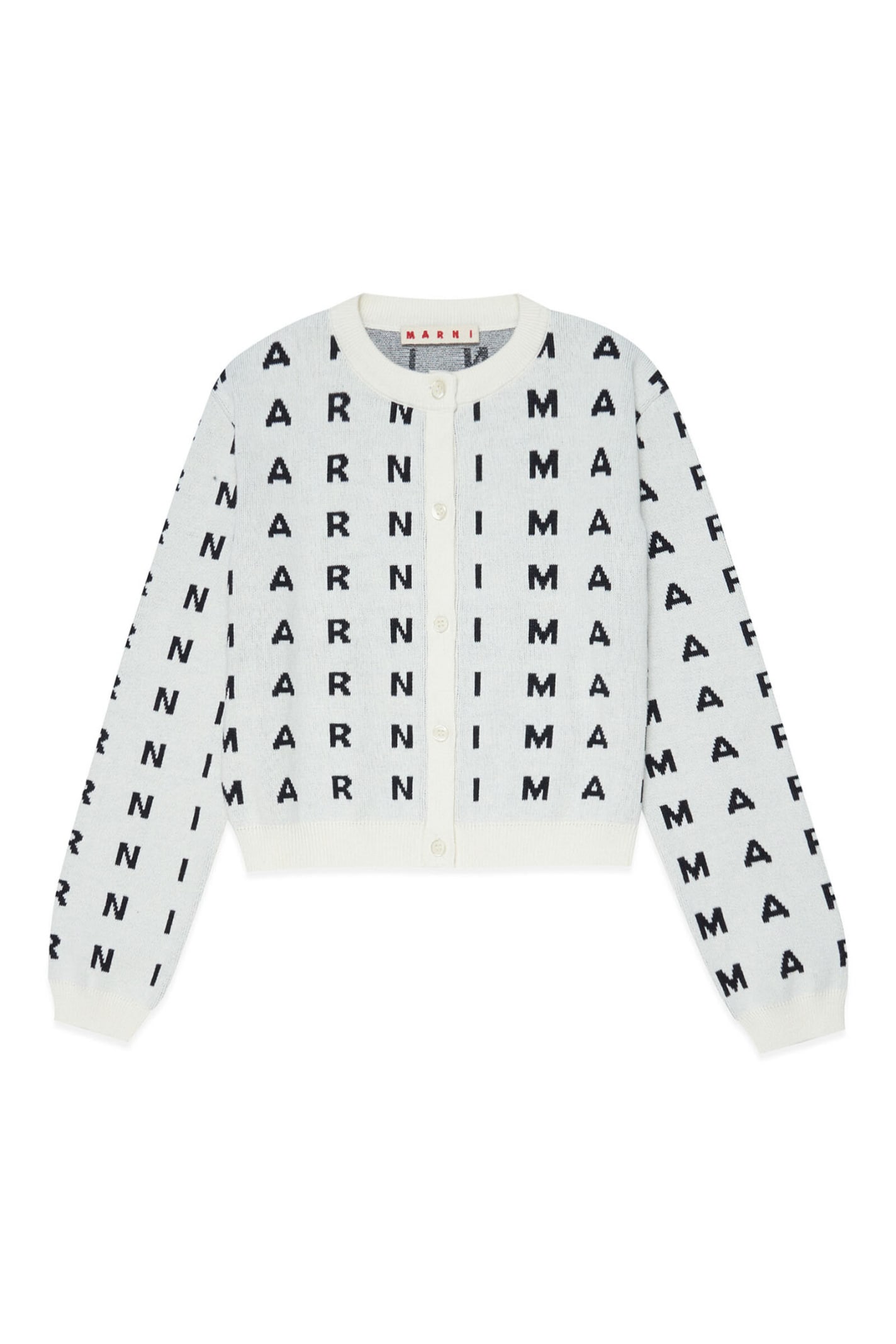 MARNI MK112F KNITWEAR MARNI WHITE COTTON LONG-SLEEVED CARDIGAN WITH ALLOVER INLAID LOGO