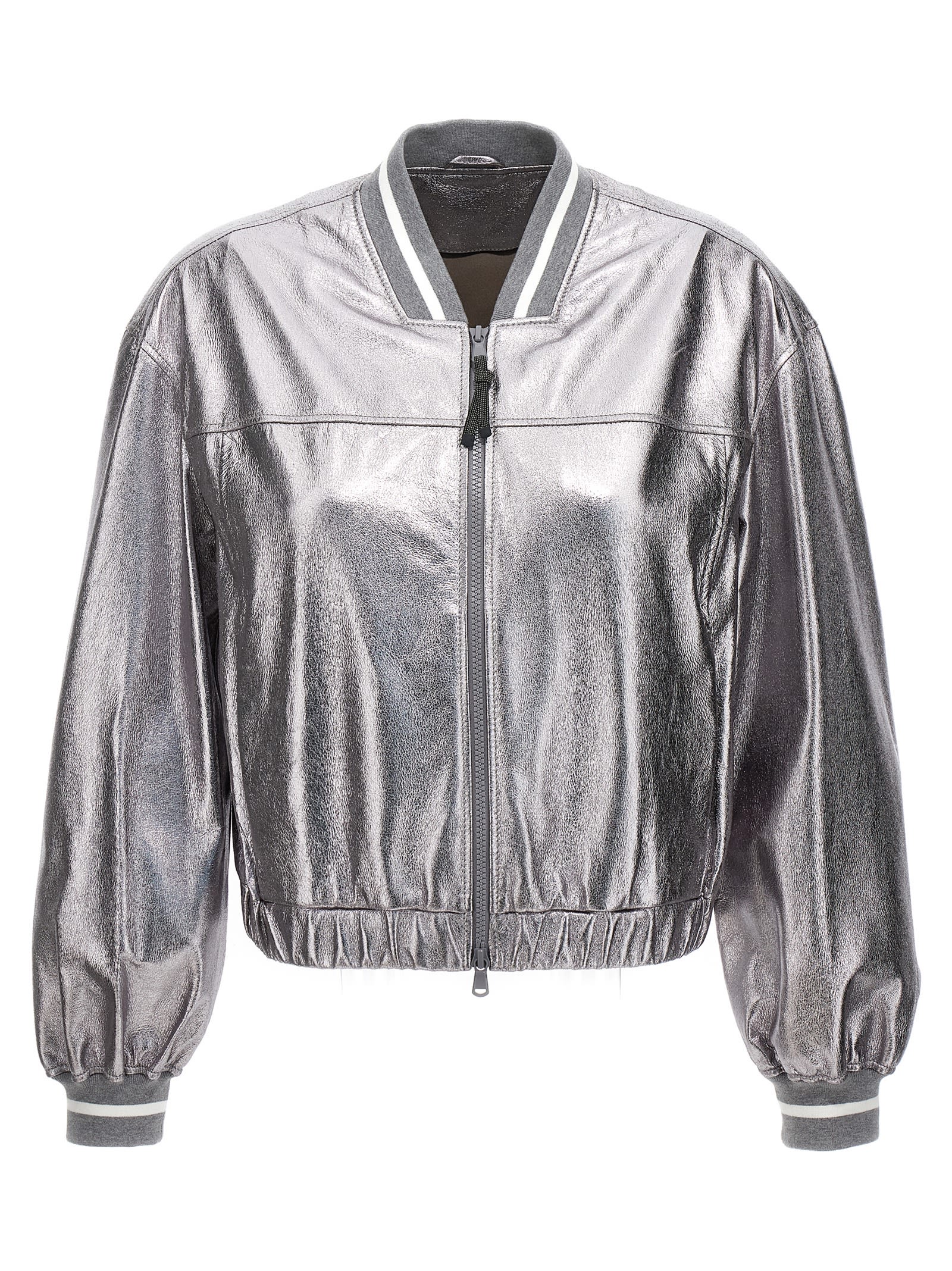 Brunello Cucinelli Laminated Leather Bomber Jacket Puffer Jackets Silver In Silver