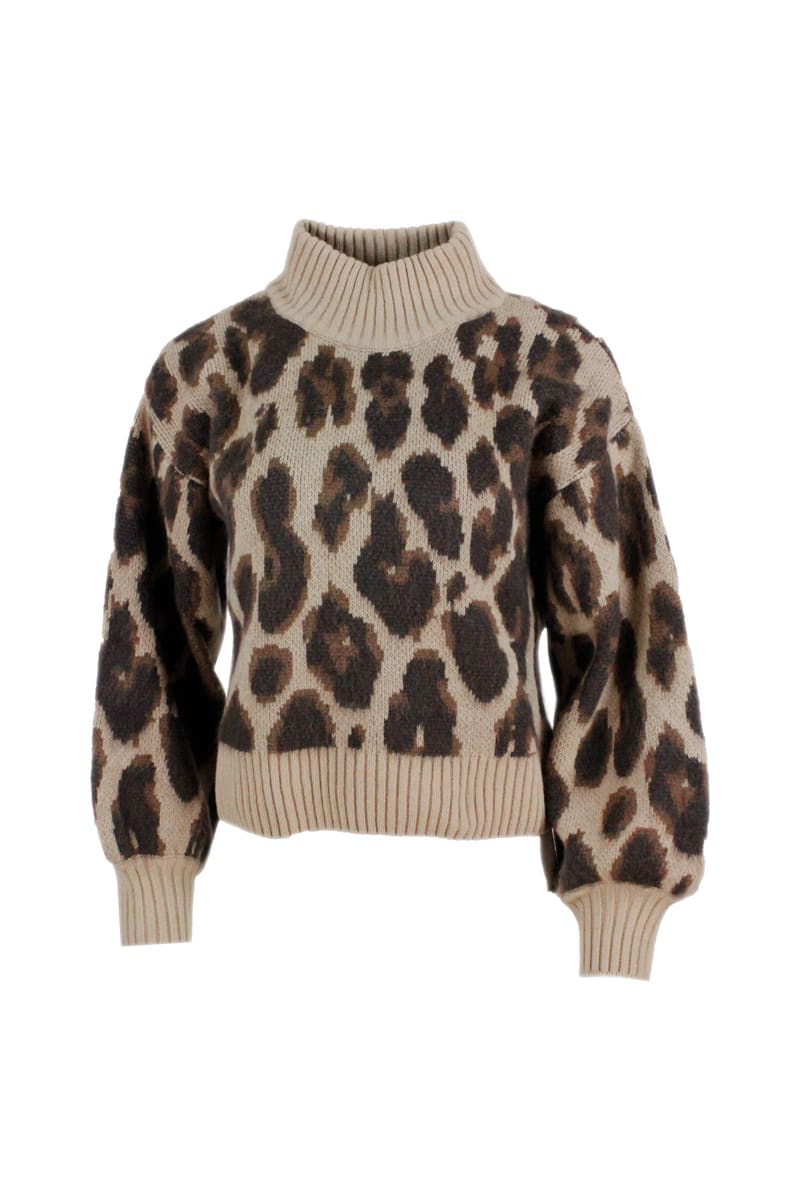 Anna Molinari Turtleneck Sweater In Wool Blend With Wide Sleeves With Animalier Pattern