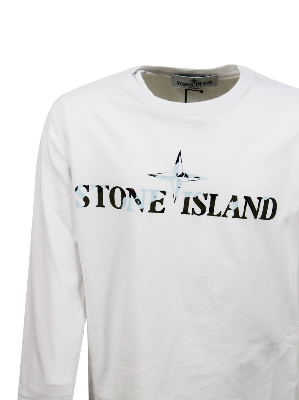 Stone Island T-shirt A Girocollo A Manica Lunga In 100% Cotone Con Logo Sul Petto In White
