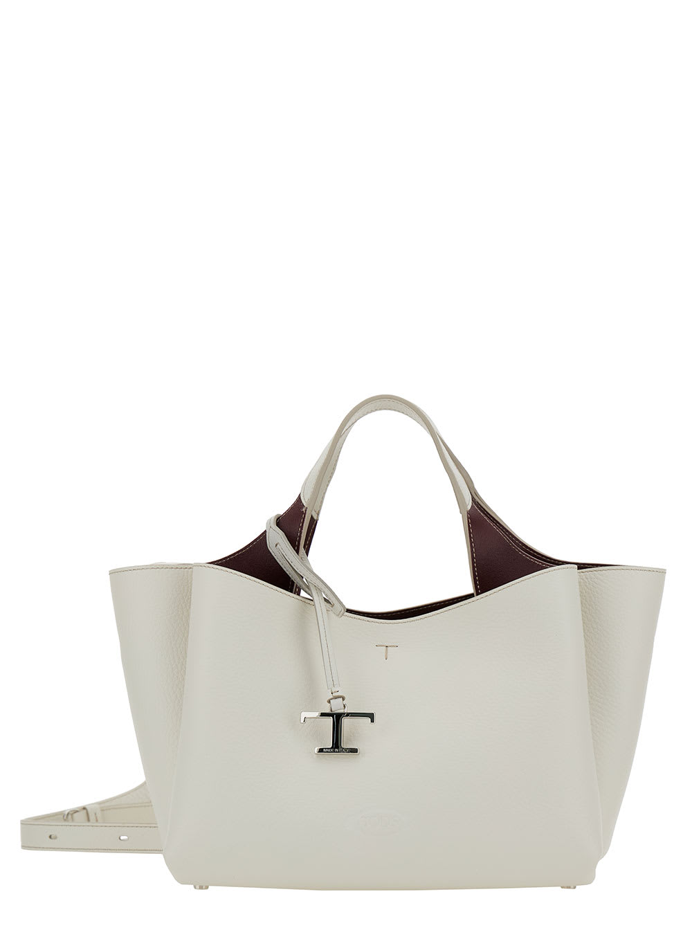 Tod's White Handbag With Embossed Logo And T Timeless Charm In Grainy Leather Woman