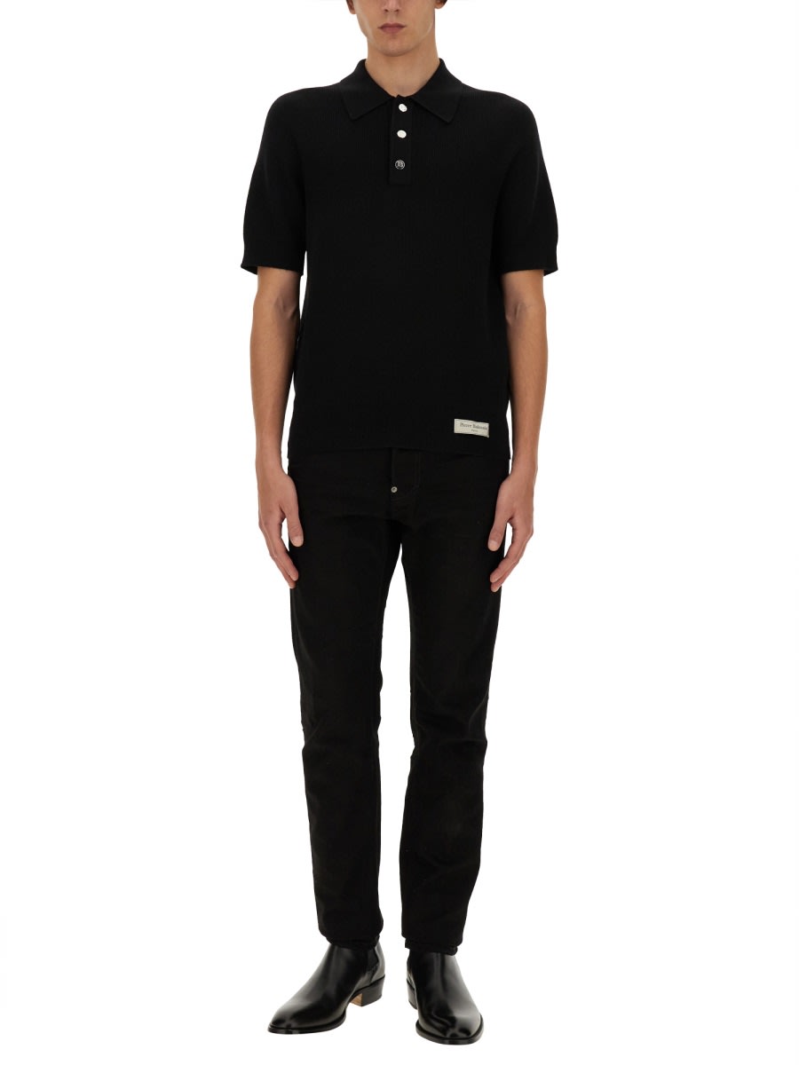 Shop Balmain Merino Wool Polo Shirt In Black