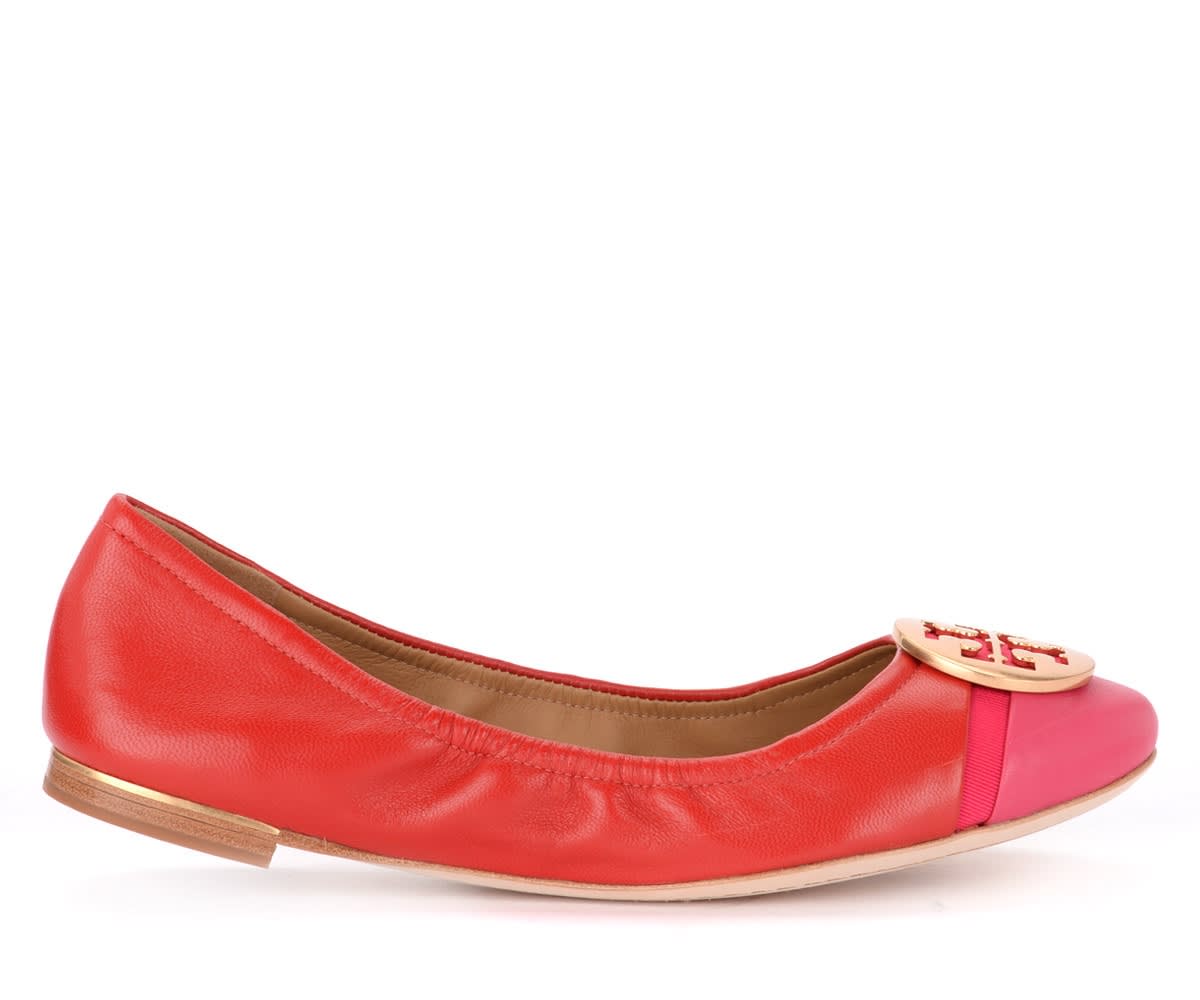 TORY BURCH MINNIE CAP-TOE BALLET FLAT SHOE IN RED NAPPA LEATHER WITH FUCHSIA PAINT,11232530