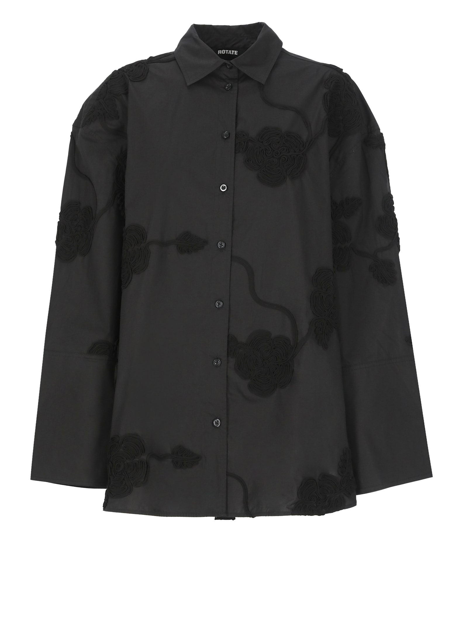 Rotate Birger Christensen Black Oversize Shirt With Classic Collar And All-over Floral Embroidery