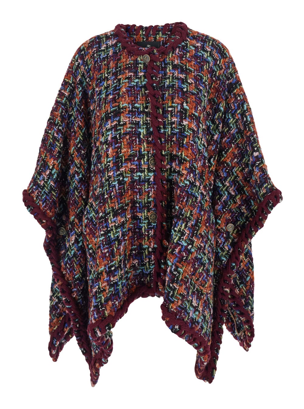 Etro Multicolor Crewneck Cape With Woven Trims In Wool Blend Woman In Black