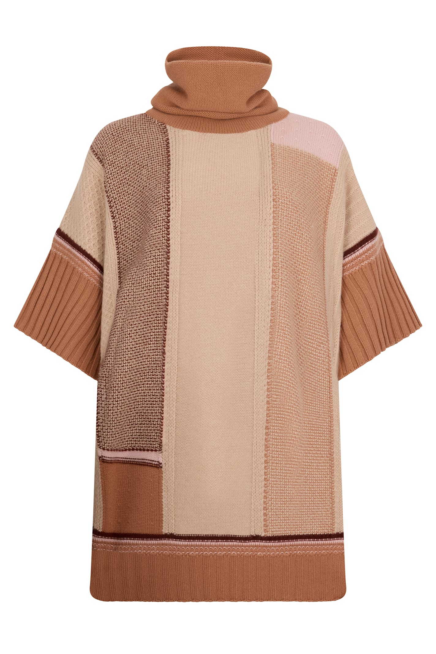 Malo Oversized Sweater With A High Collar And Short Sleeves In Shades Of Beige And Brown, Ideal For A Casual And Comfortable Look.