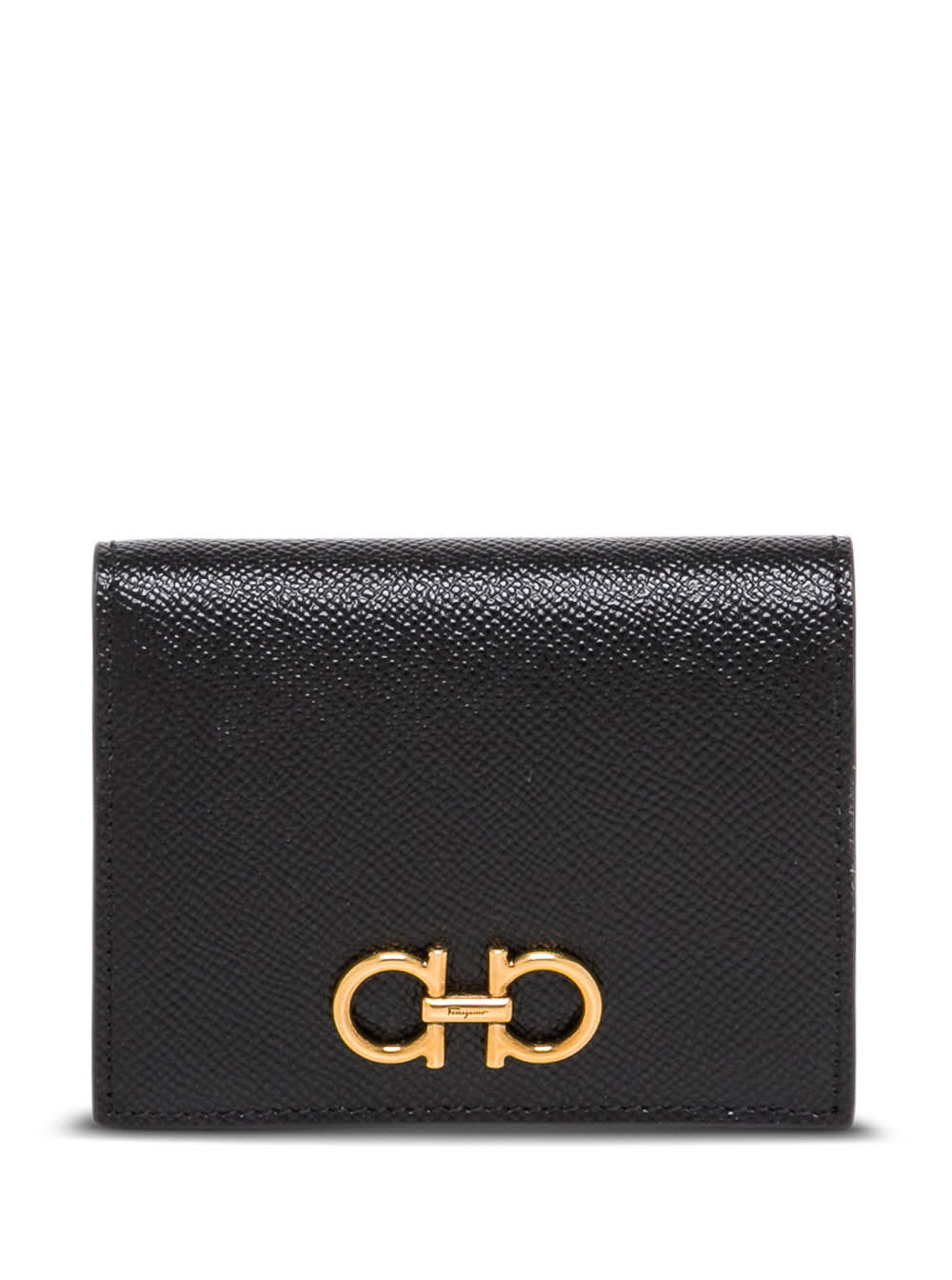 Shop Ferragamo Gancini Black Bifold Wallet In Grained Leather Woman