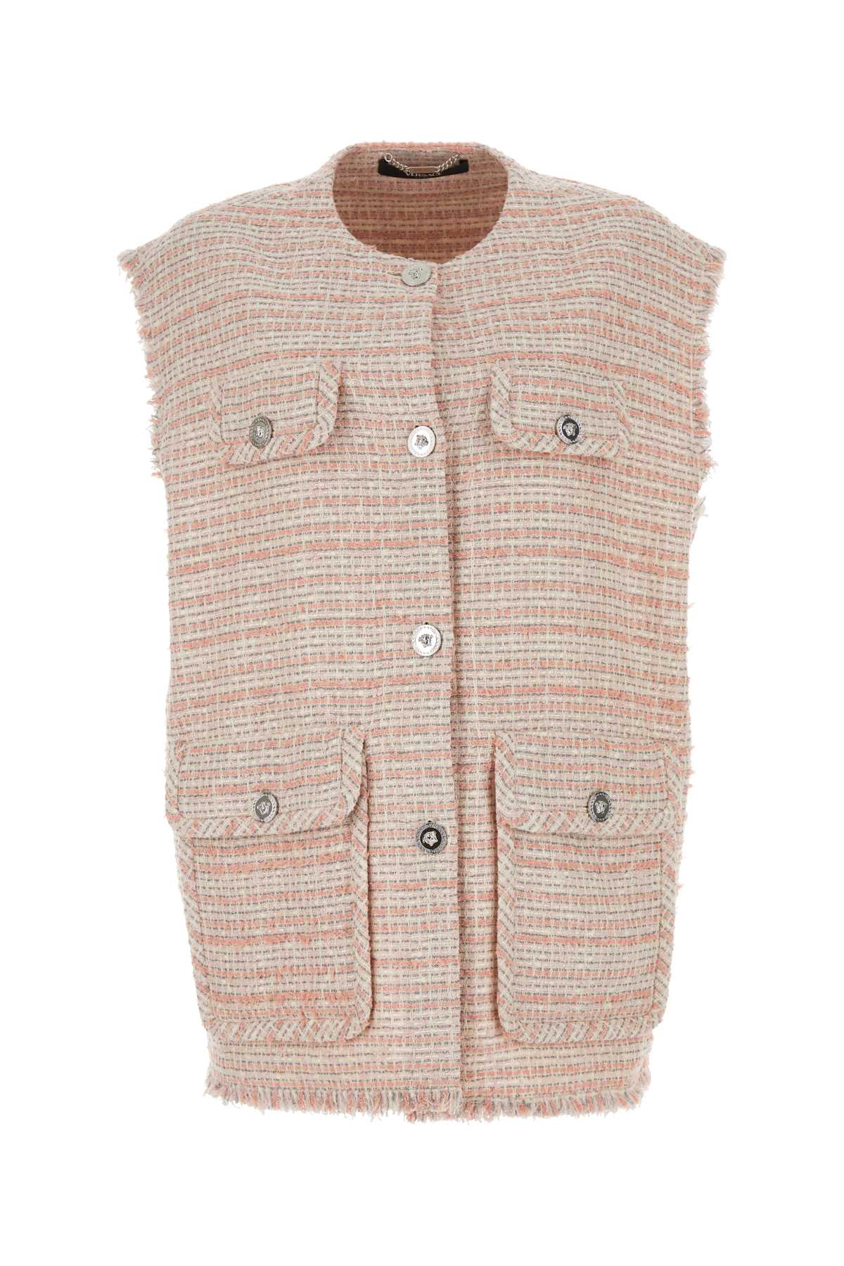 Shop Versace Embroidered Tweed Oversize Vest In 2pt60