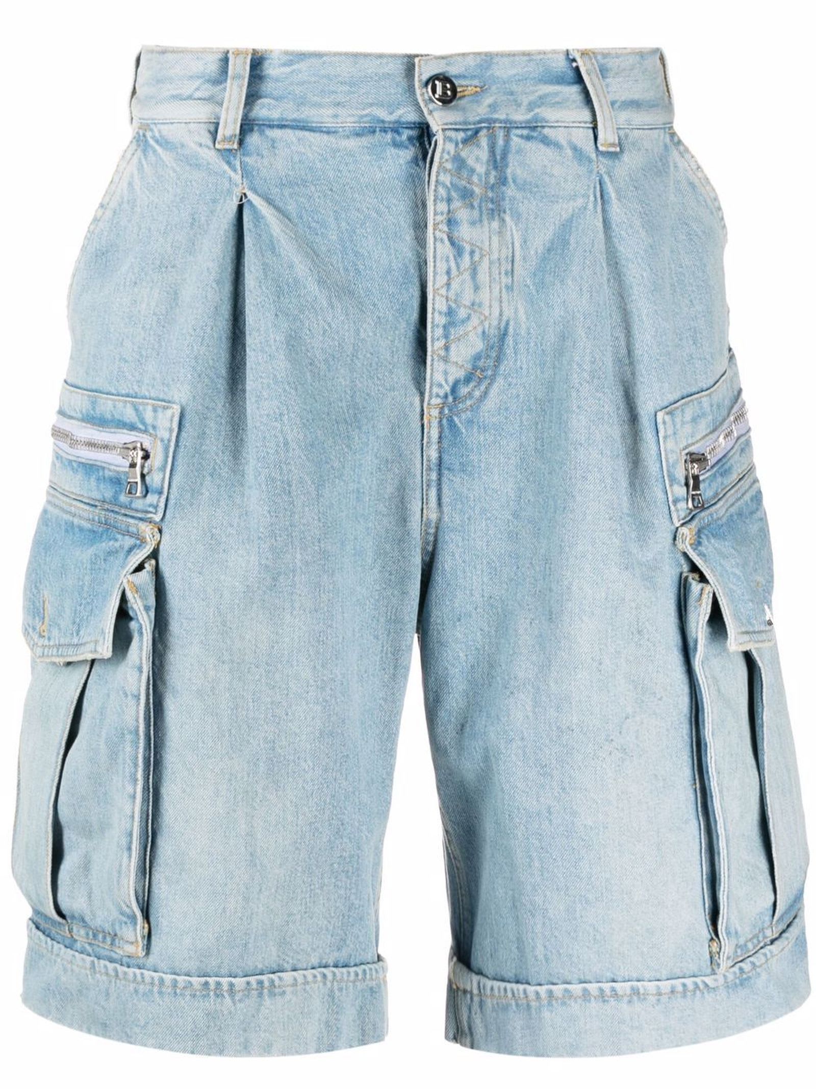 Balmain Blue Cotton Cargo Shorts