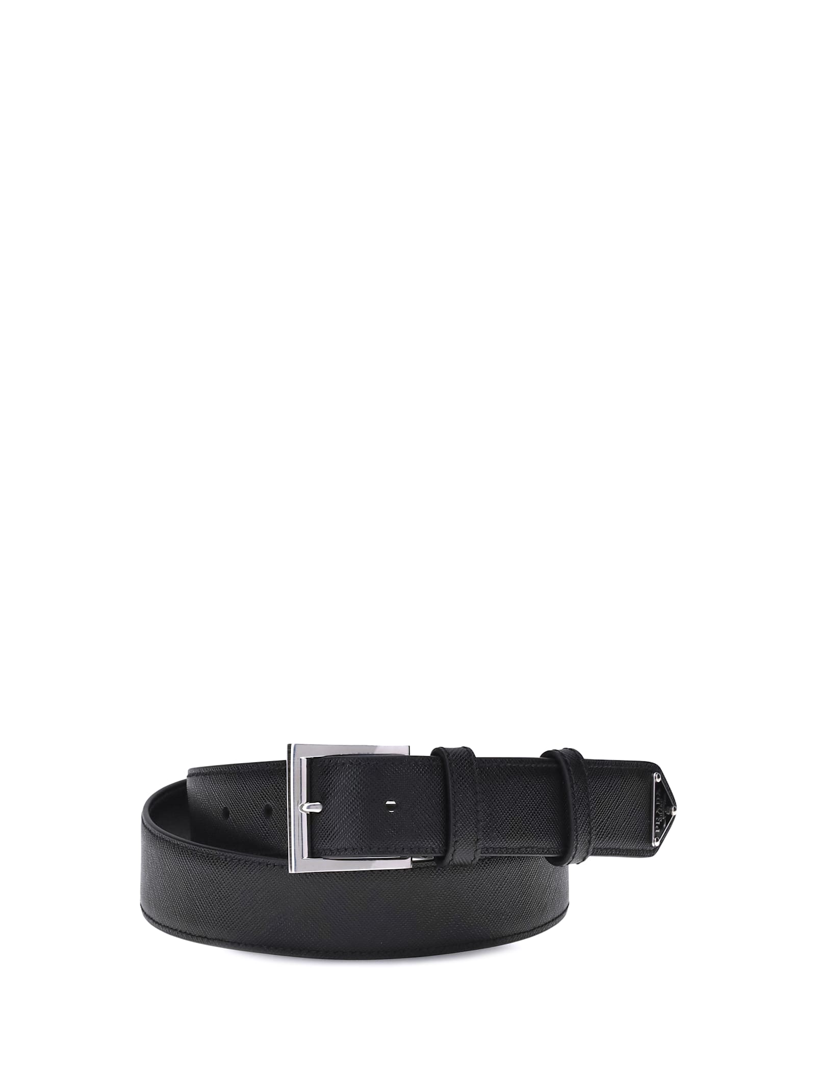 Prada Men Cintura In Pelle Saffiano Con Triangolo Logo In Black