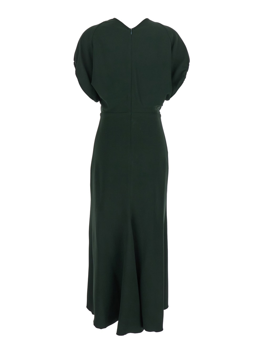 Victoria Beckham Green Midi Dress With Ruched Sleeves And V Neck