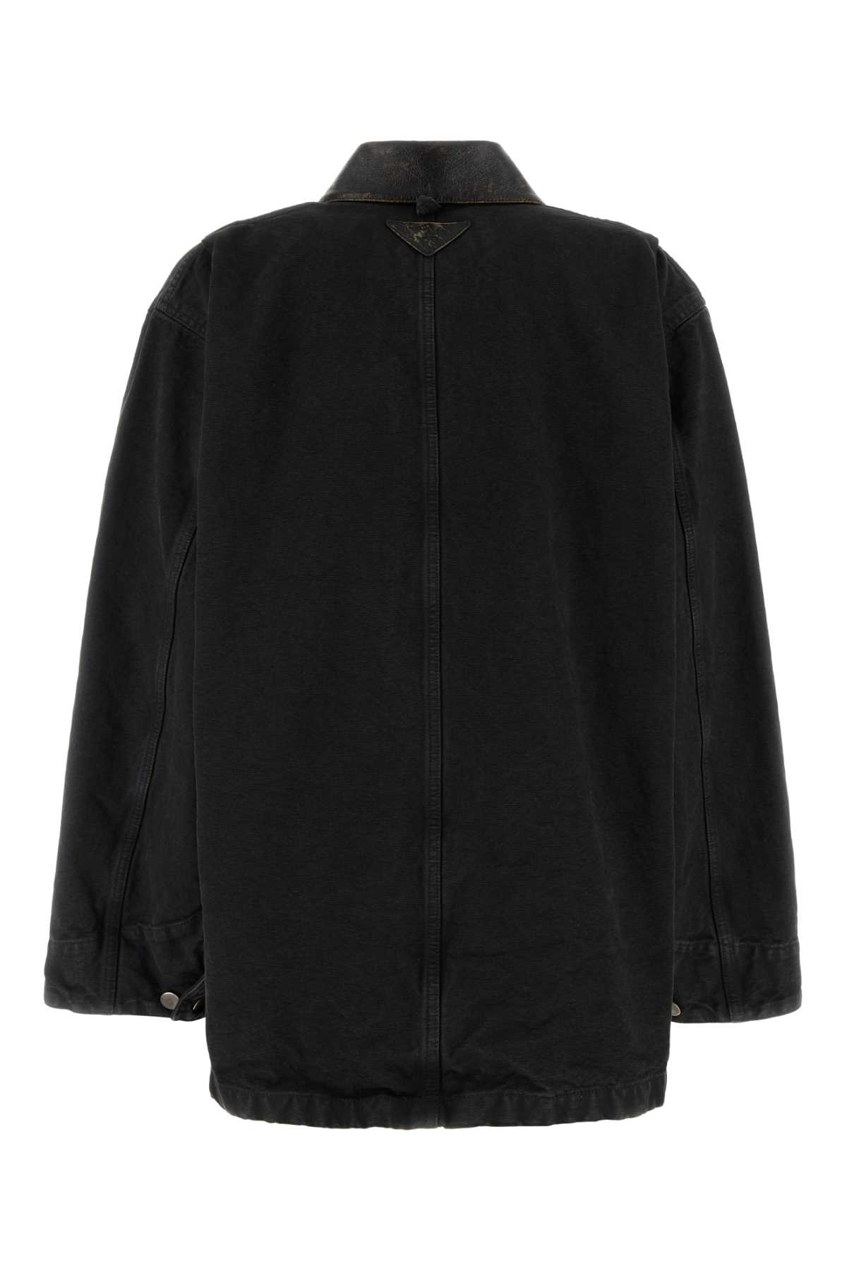 Prada Denim Jacket With Collar Contrast Pockets Sleeves In Black
