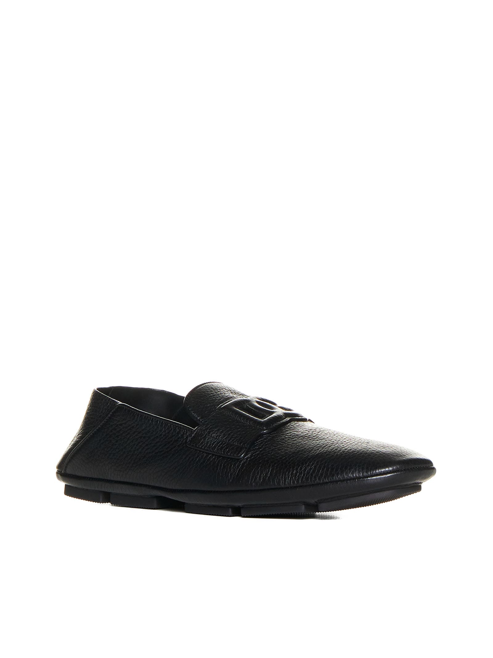 Dolce & Gabbana Leather Loafers With Round Toe And Textured Finish In Nero