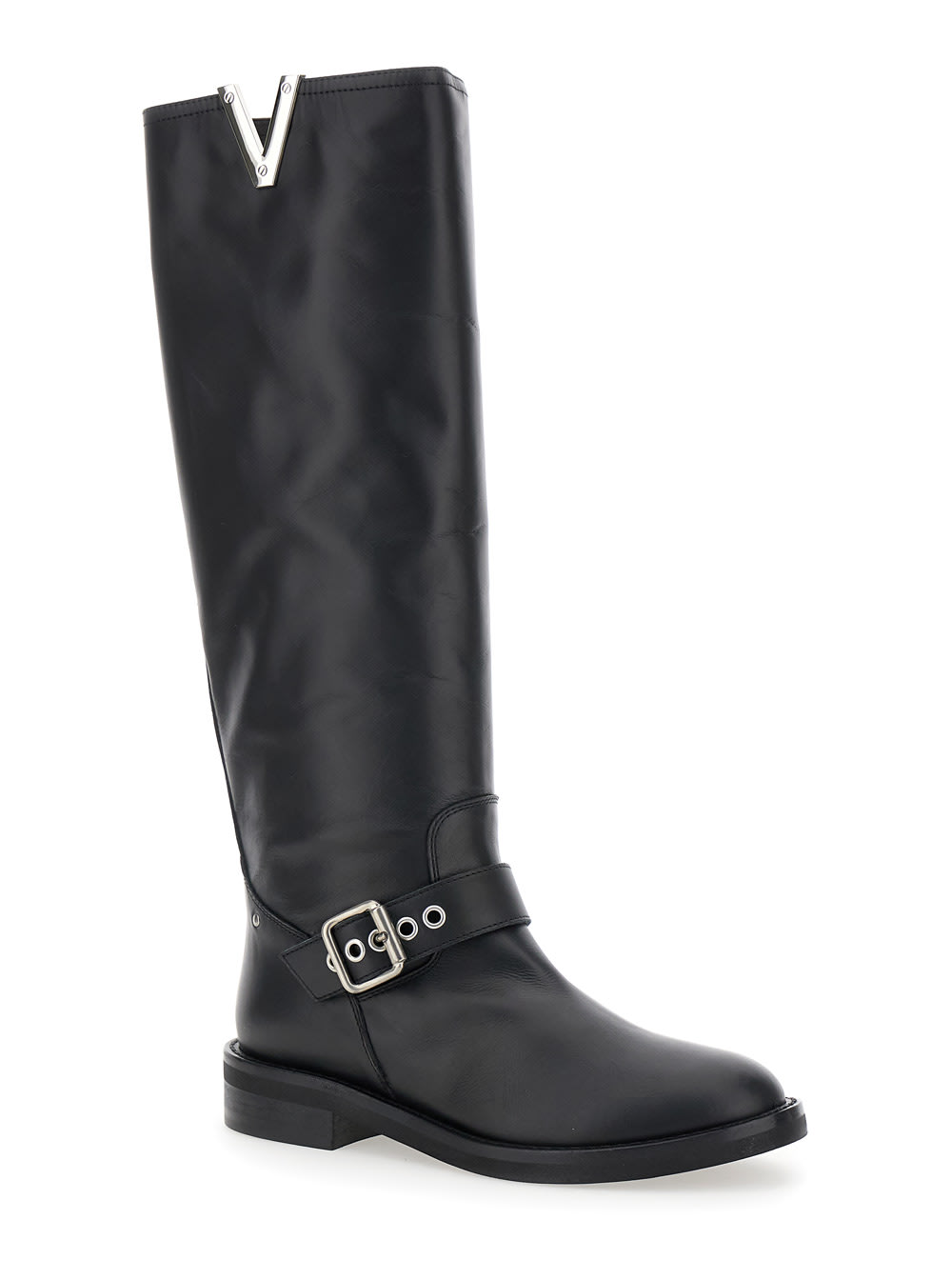 Shop Via Roma 15 Black Knee Boots With V-lateral Detailing In Leather Woman
