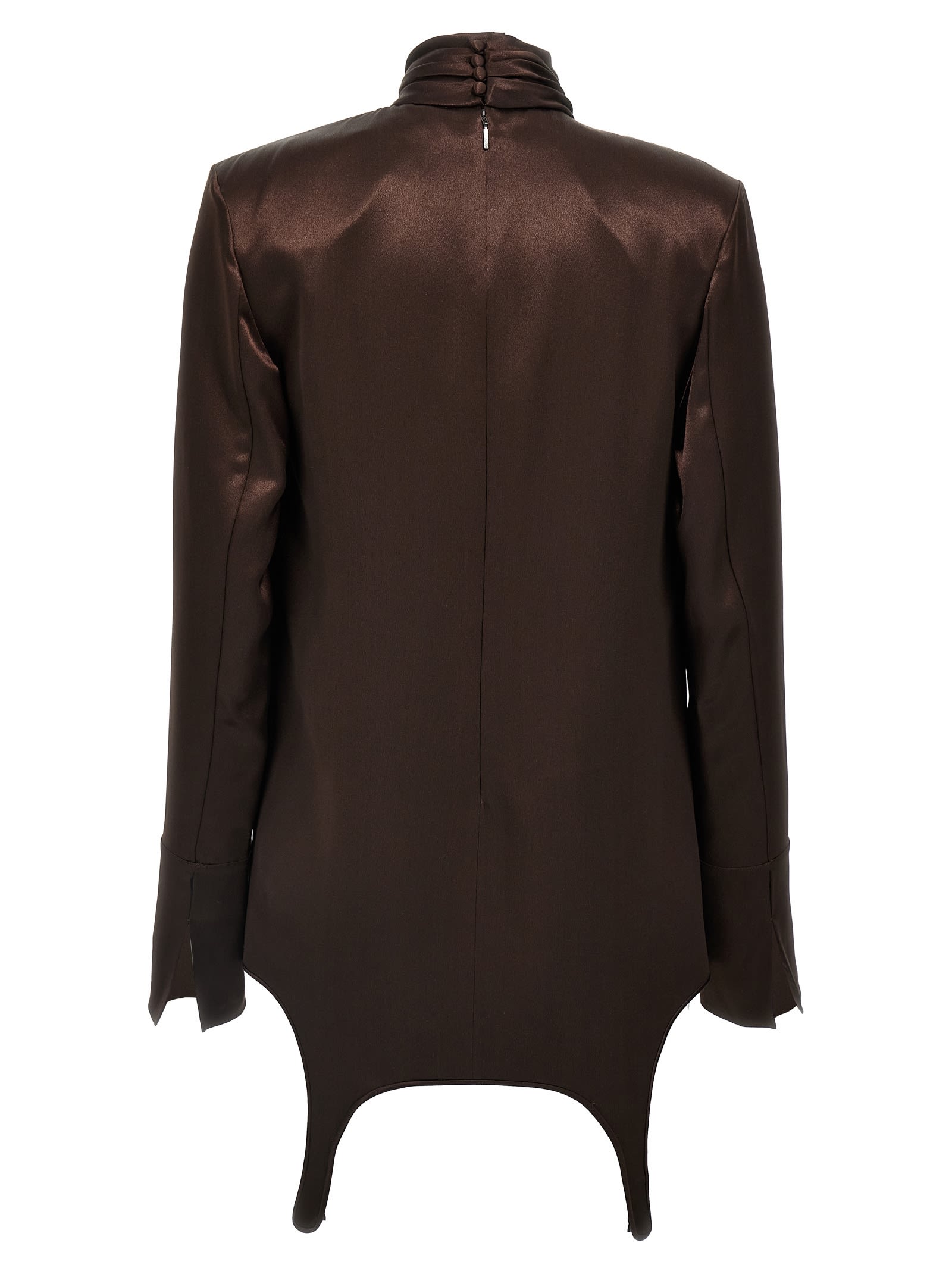 Saint Laurent Satin Blouse High Neckline Buttoned Cuffs In Brown