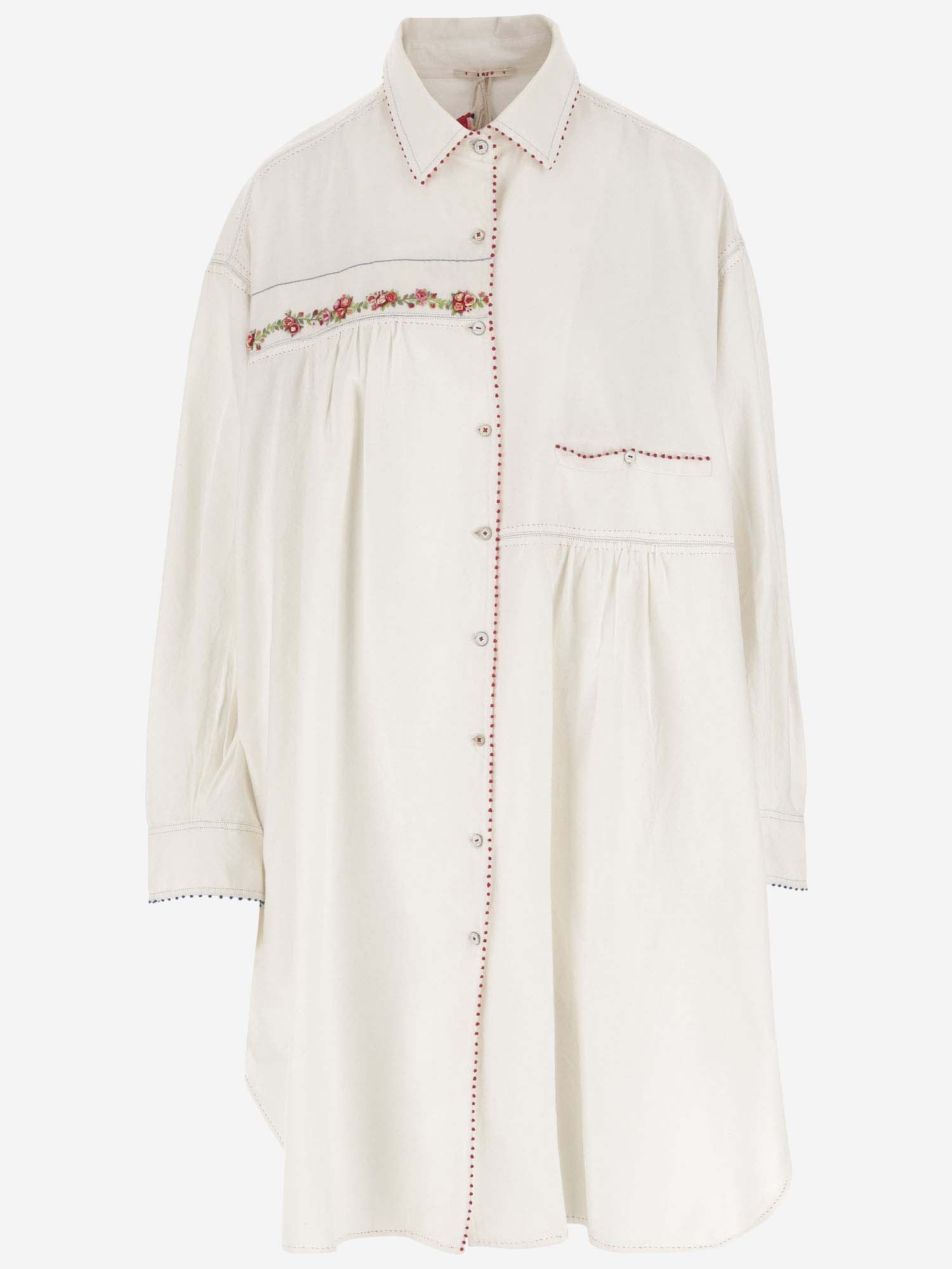Shop Péro Long Cotton Shirt With Floral Embroidery In White