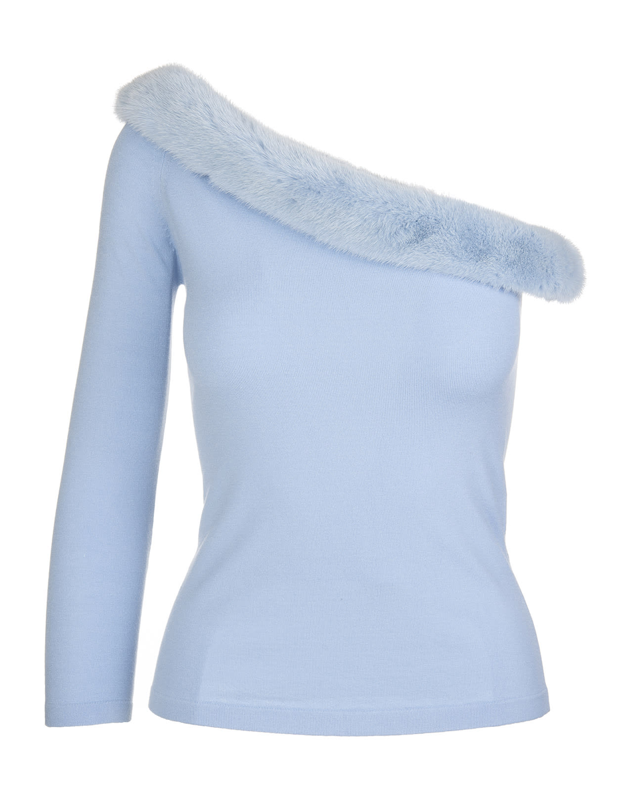 Blumarine Light Blue One Shoulder Sweater With Mink