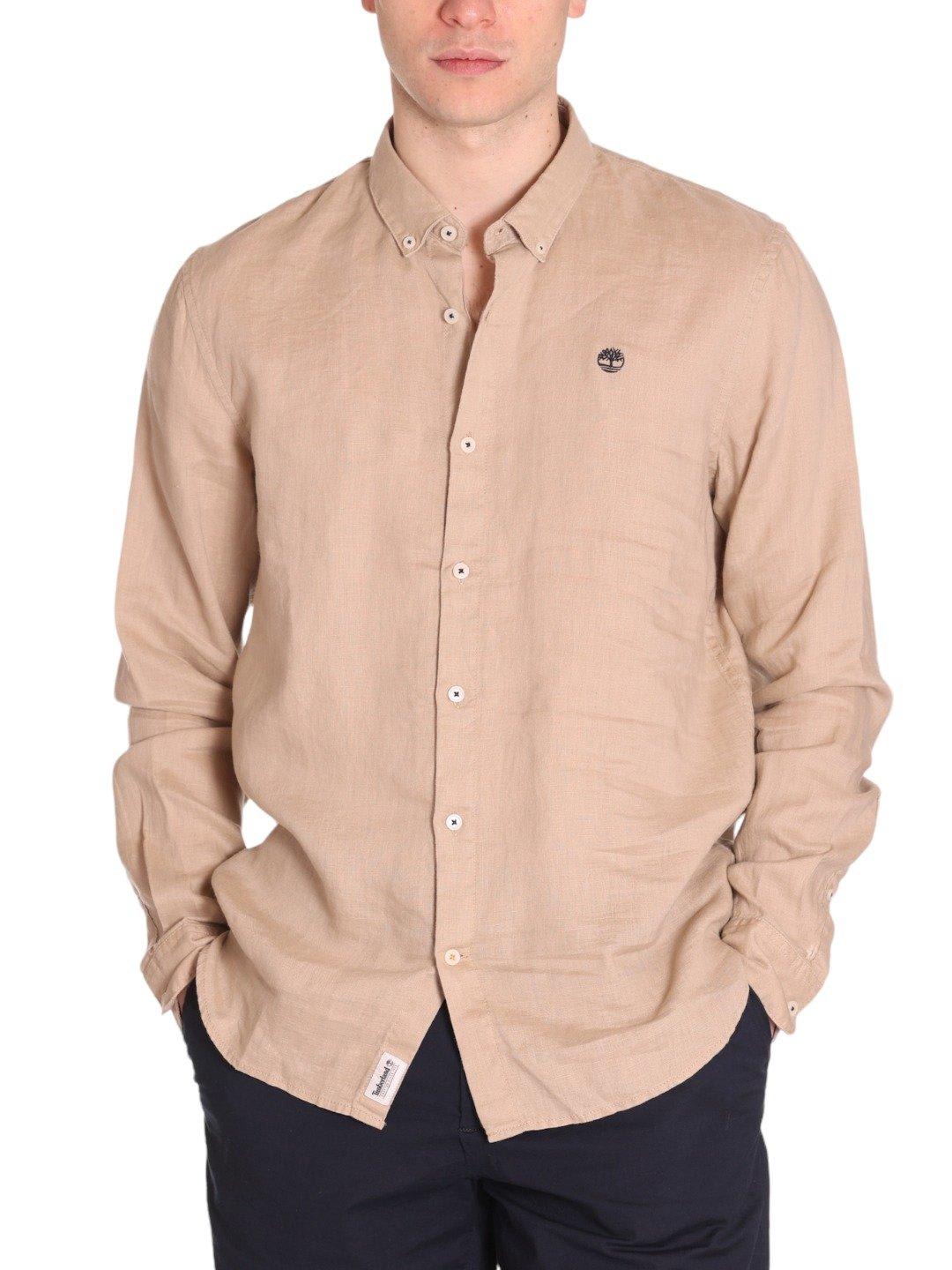 Shop Timberland Logo Embroidered Buttoned Shirt In Beige