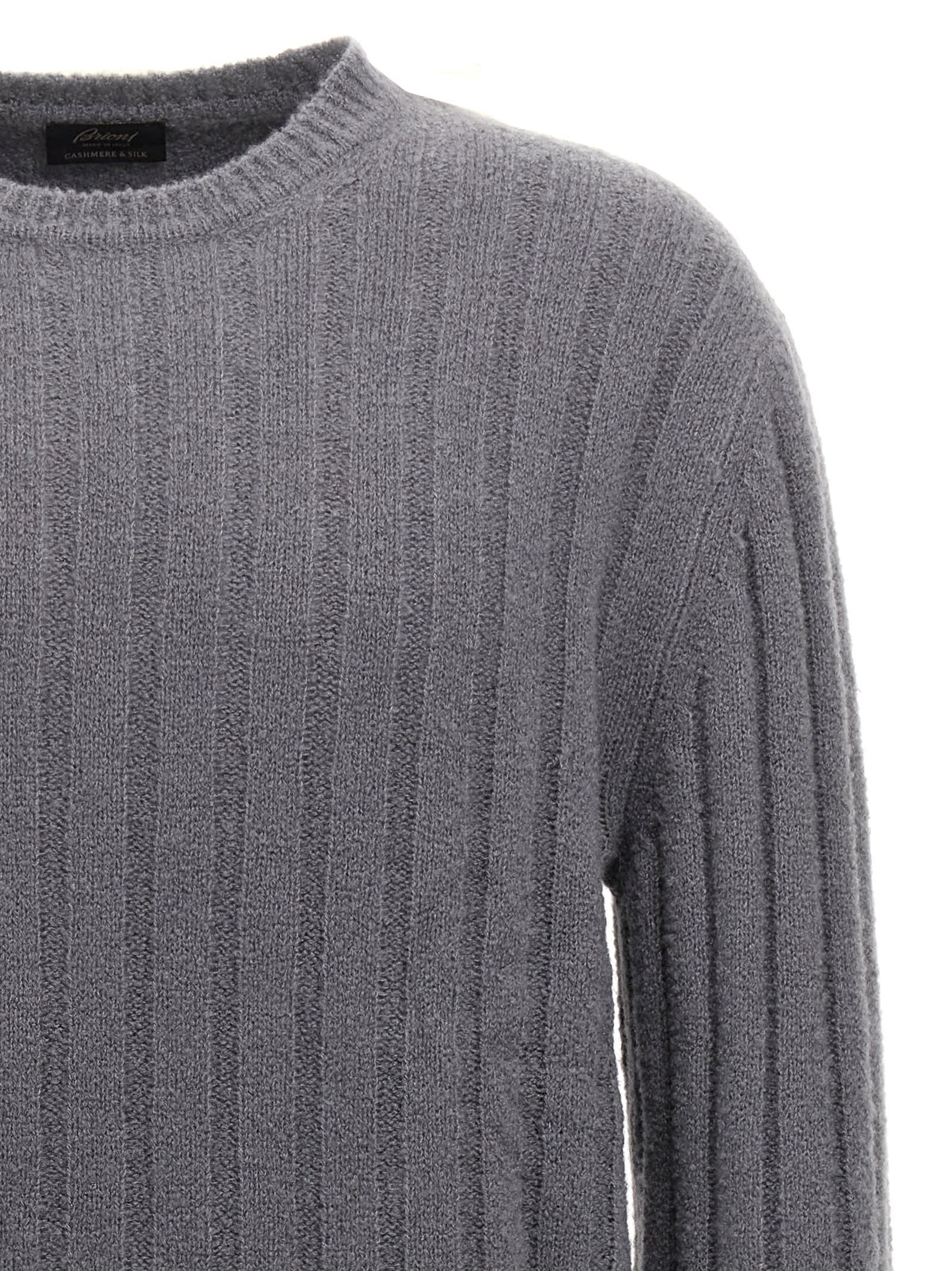 Brioni Crewneck Ribbed Sweater Long Sleeves In Gray