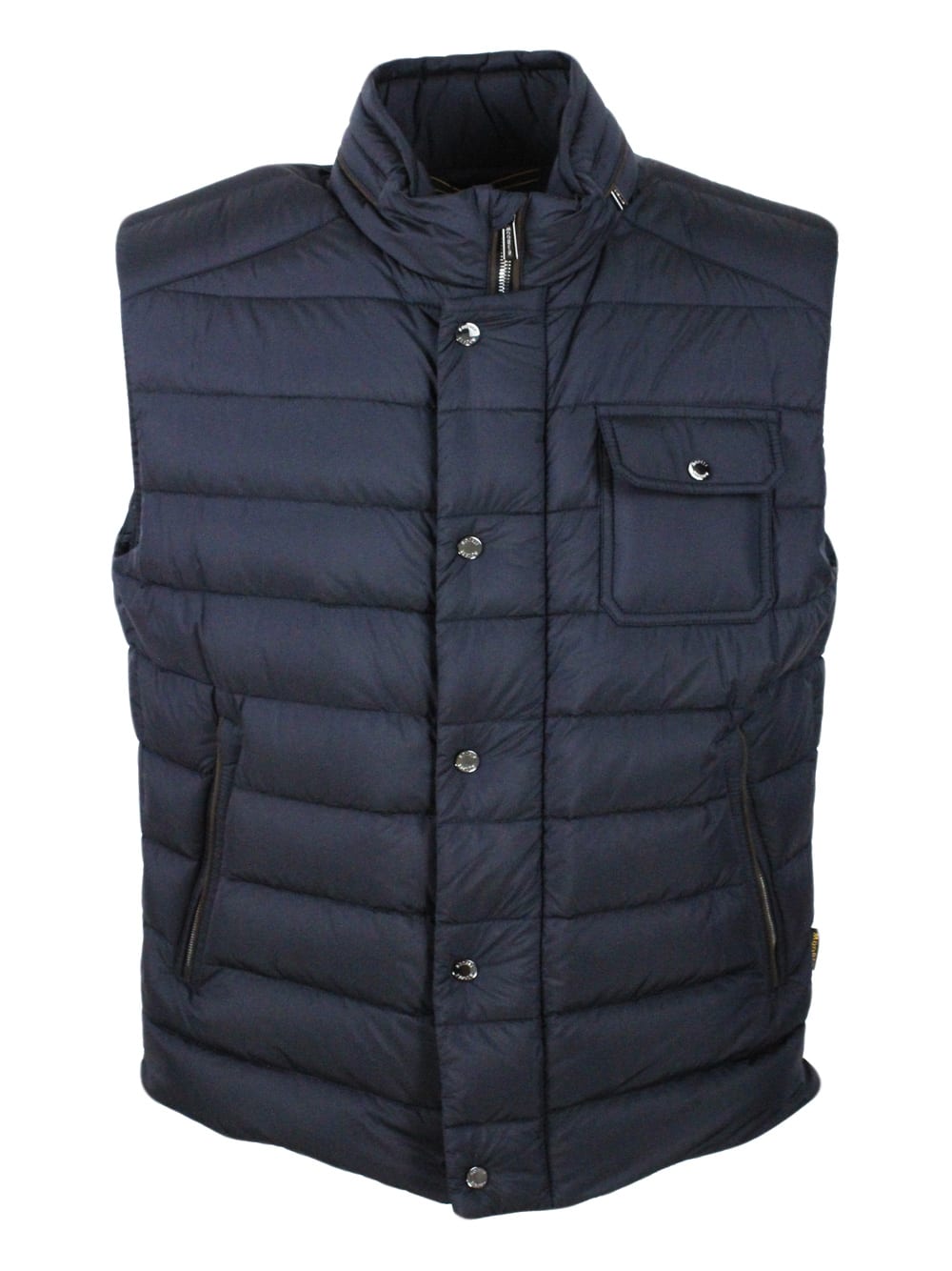 Shop Moorer Sleeveless Vest Padded With Real Goose Down With Concealed Hood And Front Zip And Button Closure In Blu
