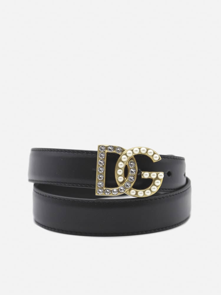 Dolce & Gabbana Leather Belt With Logo Embellished With Rhinestones And Pearls