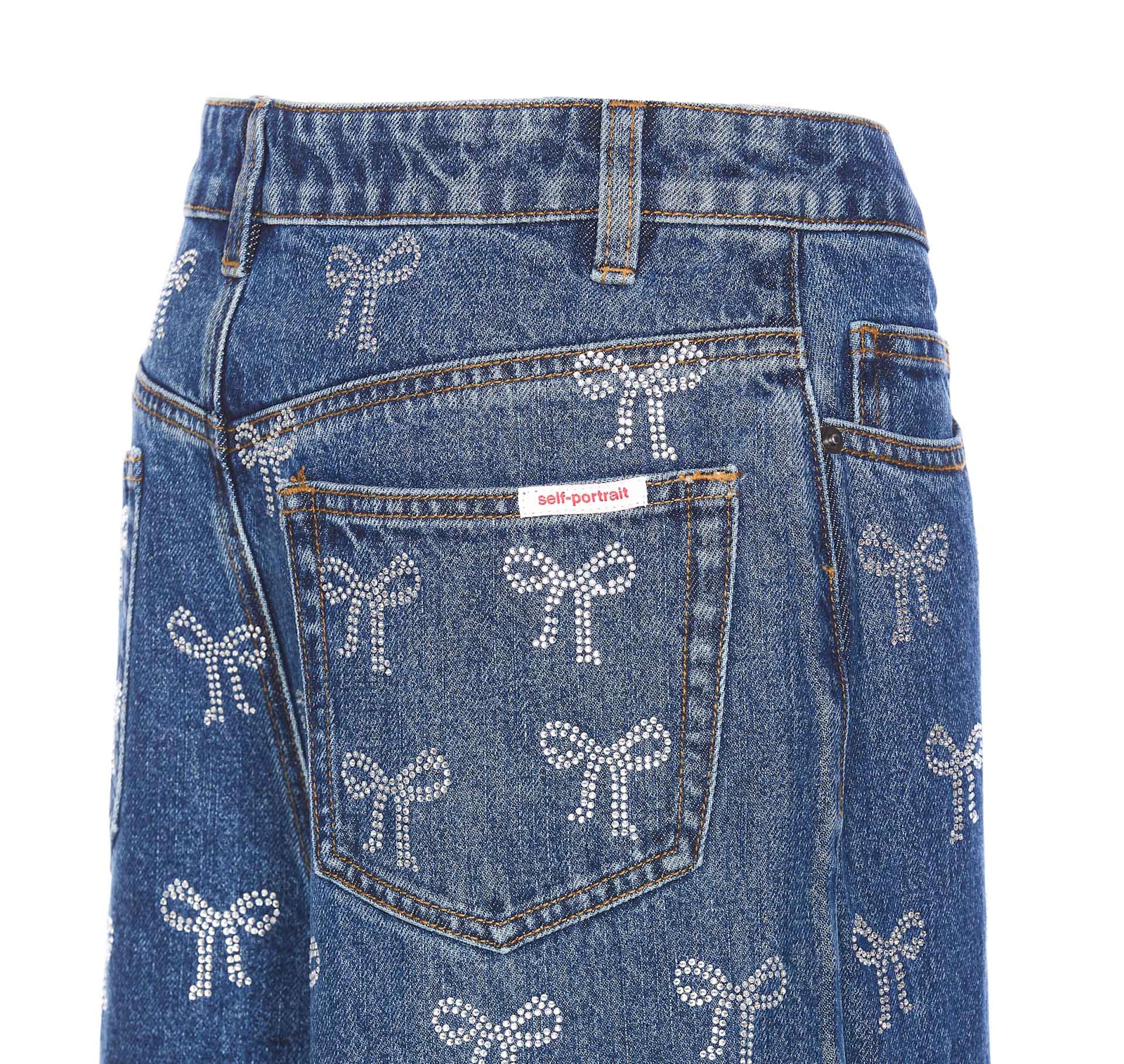 SELF-PORTRAIT RHINESTONE BOW DENIM JEANS