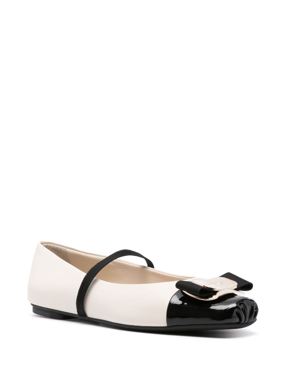 Ferragamo Bicolor New Vara Plate Ballerinas In White