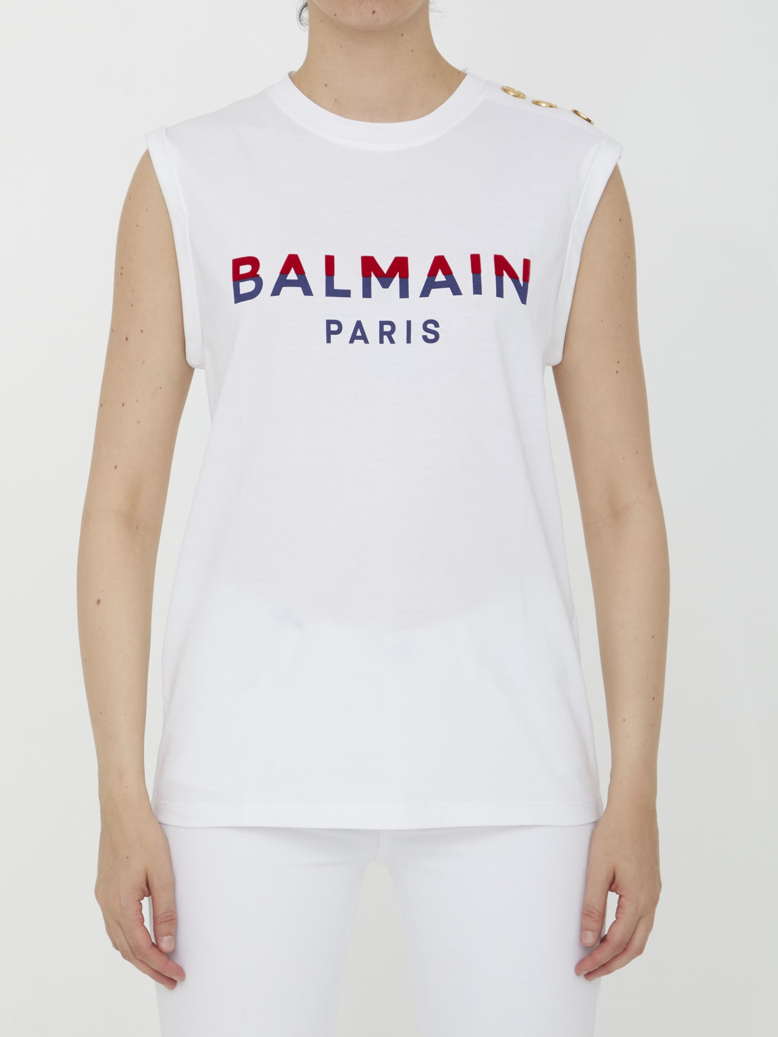 Balmain Paris Flocked T-shirt In White Red Navy