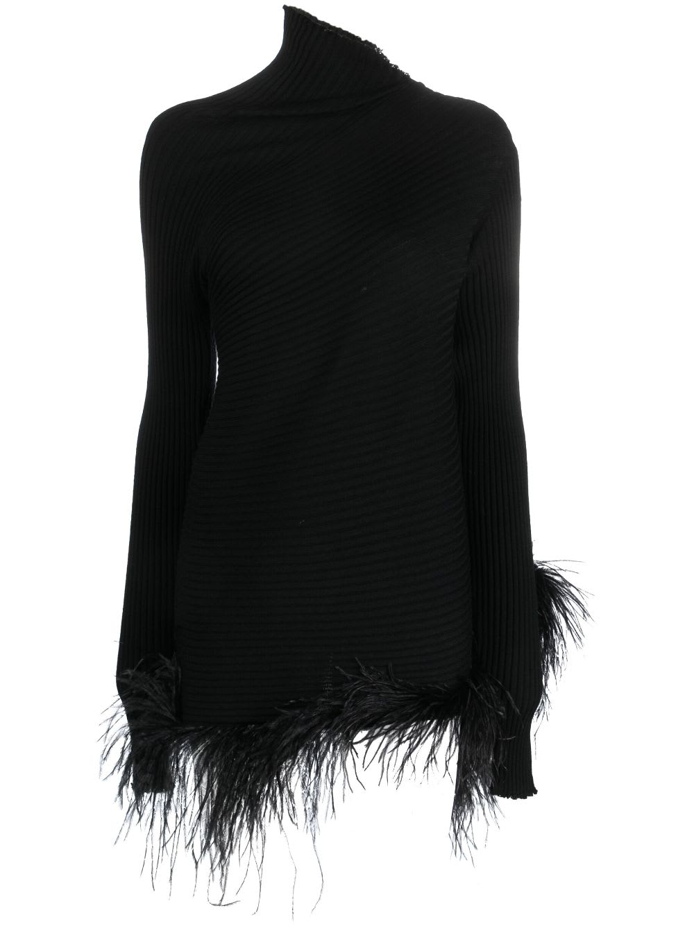 Merino Wool Draped Jumper With Feathers In Black