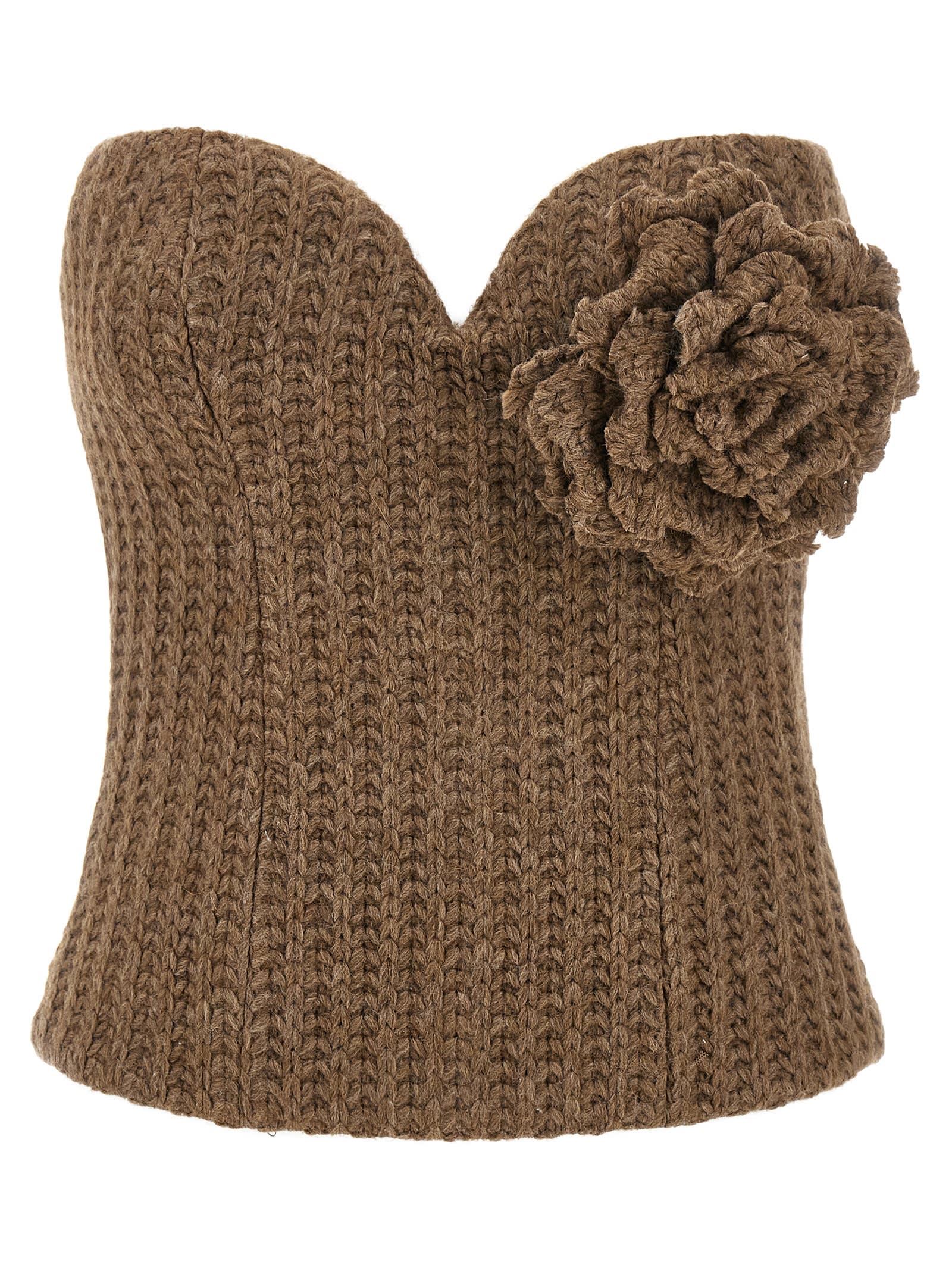 Giuseppe Di Morabito Off-the-shoulder Bustier Top With Sweetheart Neckline And Floral Brooch In Brown