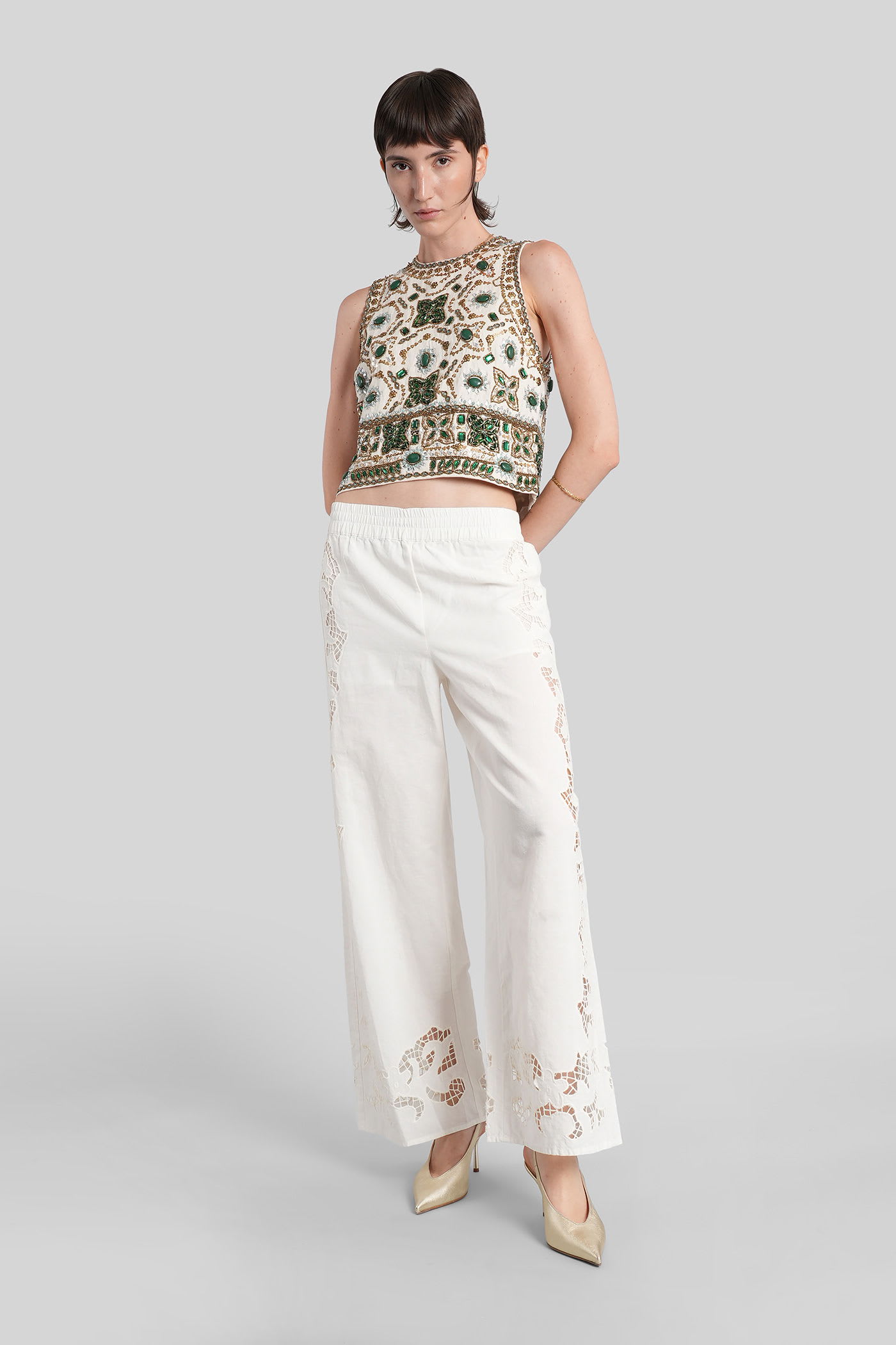 Alice And Olivia Tanya Embroidered Eyelet Trousers In White