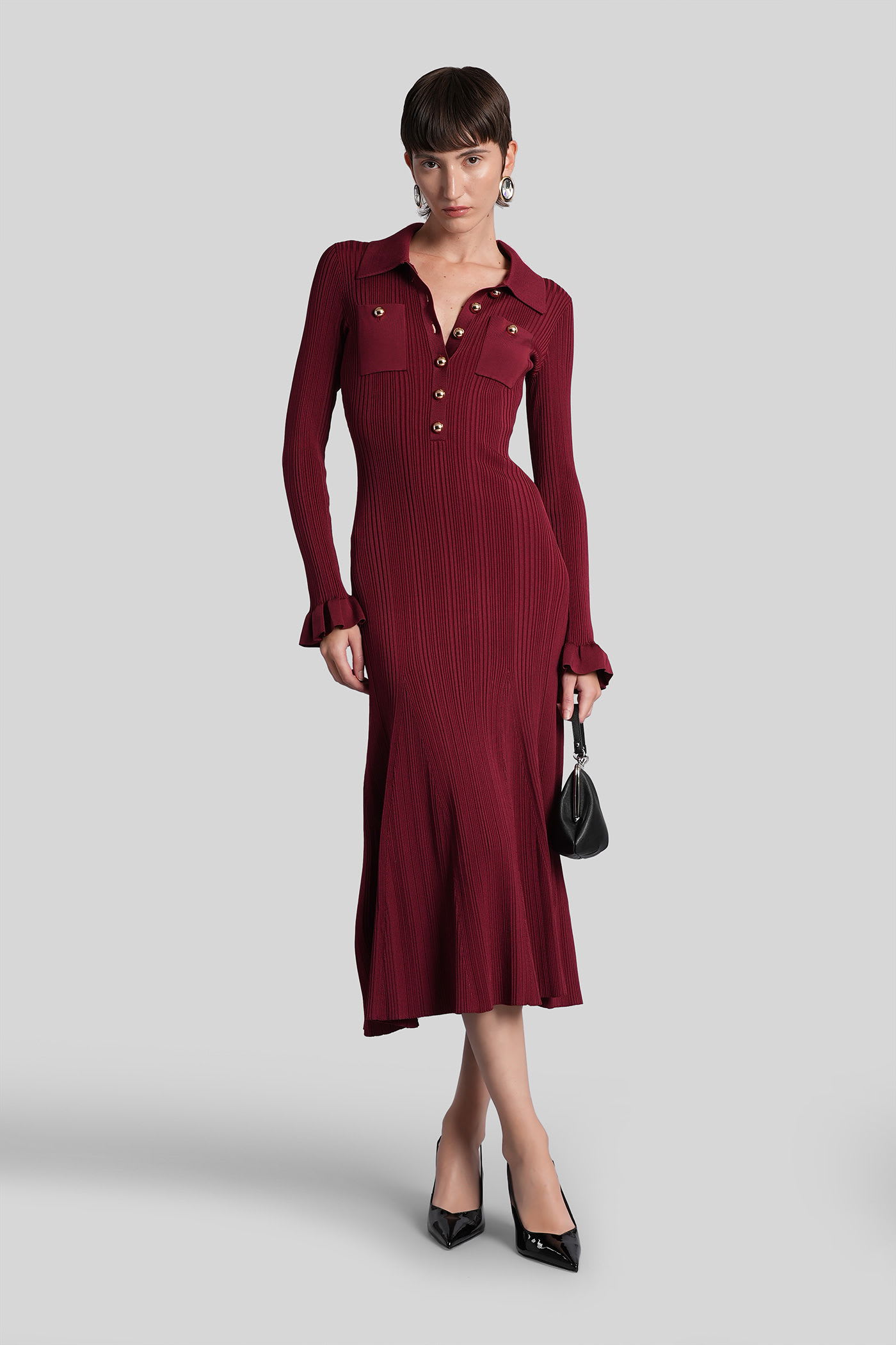 Self-portrait Knee Length Dress With Flared Cuffs And Pockets In Burgundy