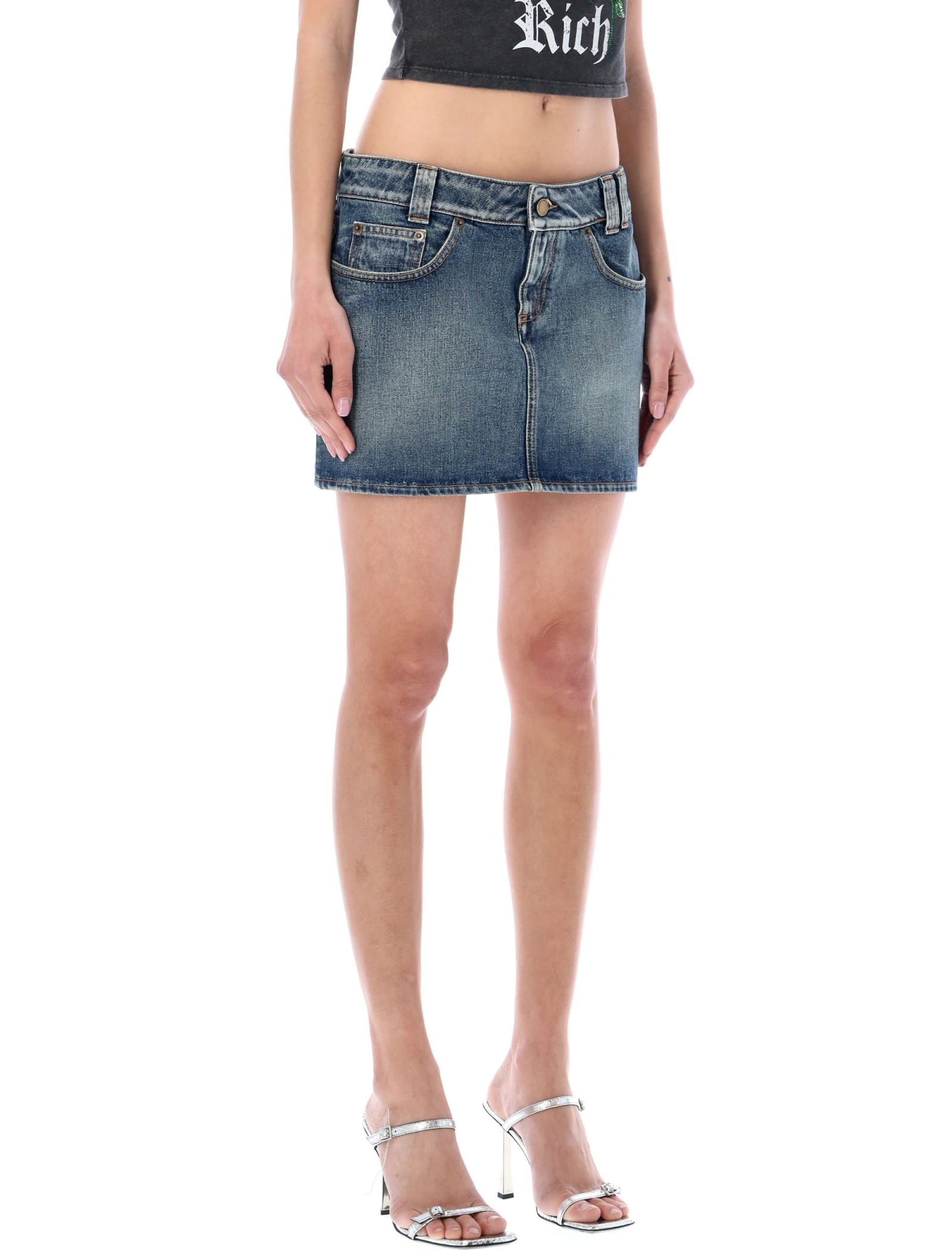 ALESSANDRA RICH DENIM MINI SKIRT WITH CRYSTAL ROSE