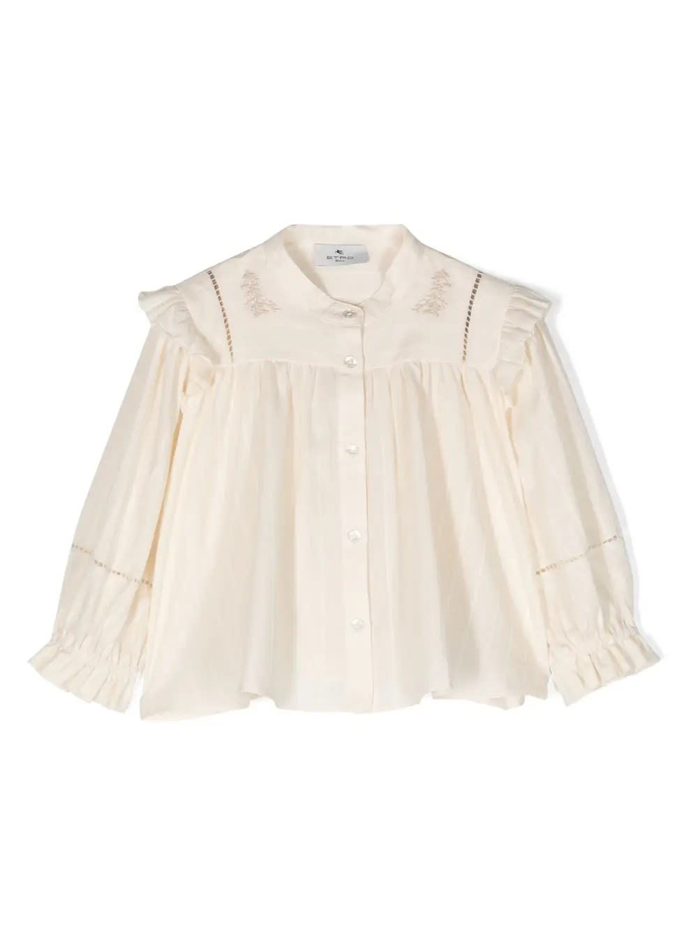 Etro Beige Pinstripe Blouse With Ruffles And Embroidery