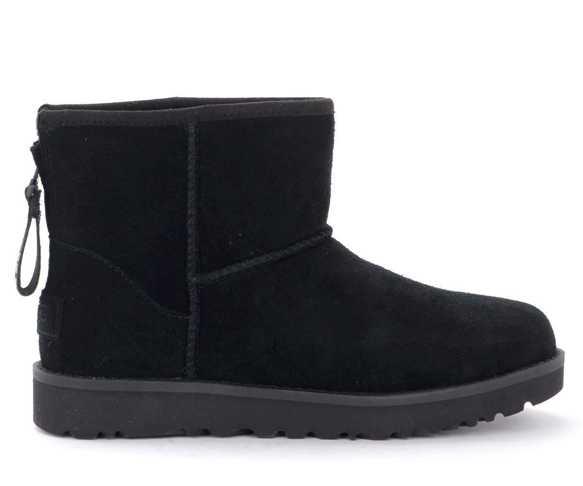 Ugg Classic Mini Zip Logo Ankle Boot In Black Suede