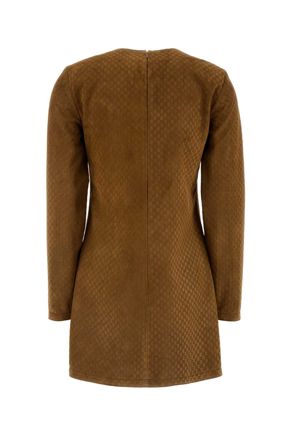 Gucci Brown Dress With Front Horsebit Details And All-over Gg Motif In Suede Woman In Brown