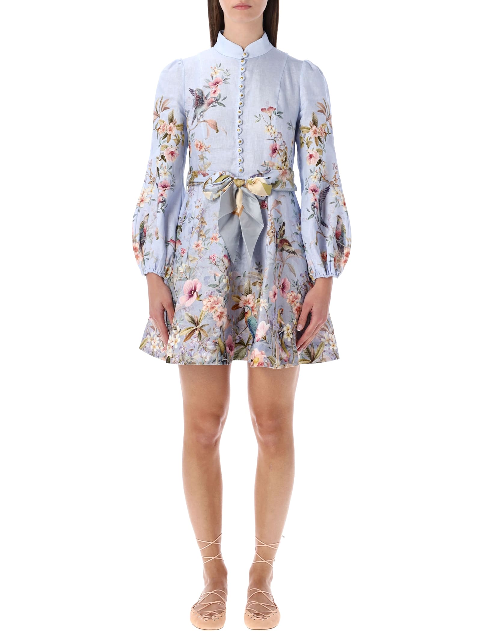 Zimmermann Rebellion Button Mini Dress Flower Print In Blue
