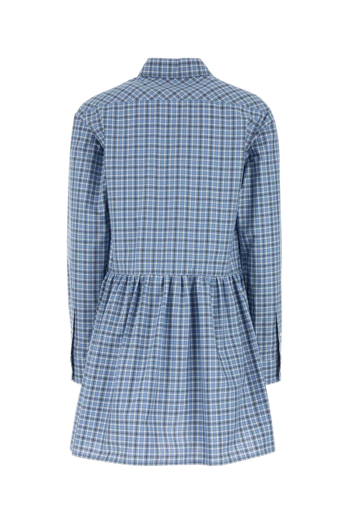 Miu Miu Embroidered Cotton Mini Dress With Pleated Waist In Blue