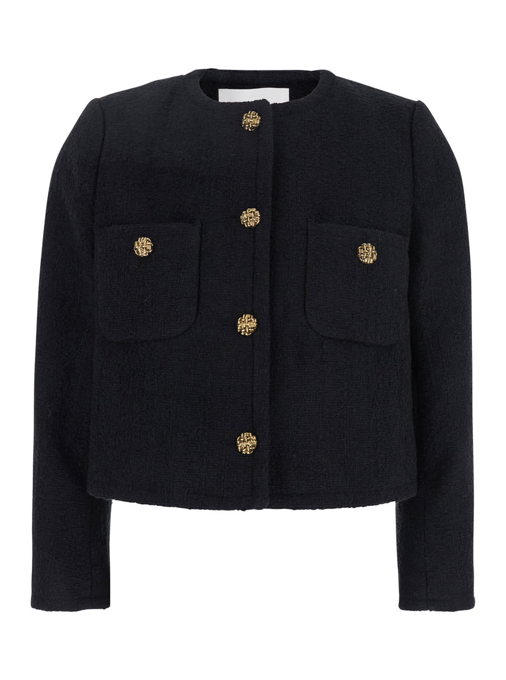 meredith Black Crop Jacket With Round Neck And Metal Buttons In Cotton And Wool Blend Woman