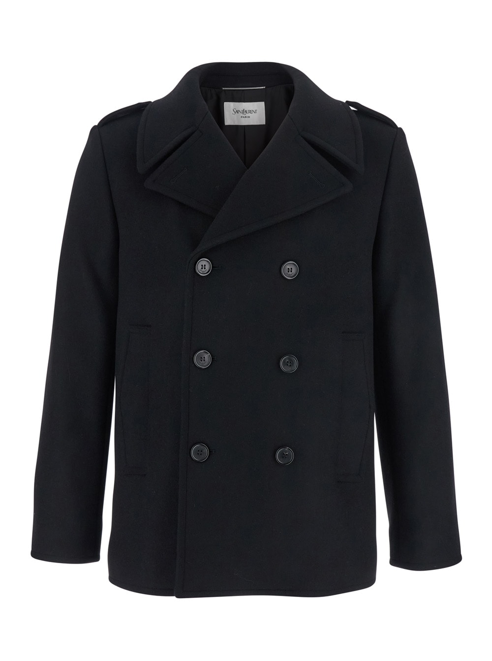 Saint Laurent Black Double-breasted Coat With Wide Notched Revers In Wool Man In Black