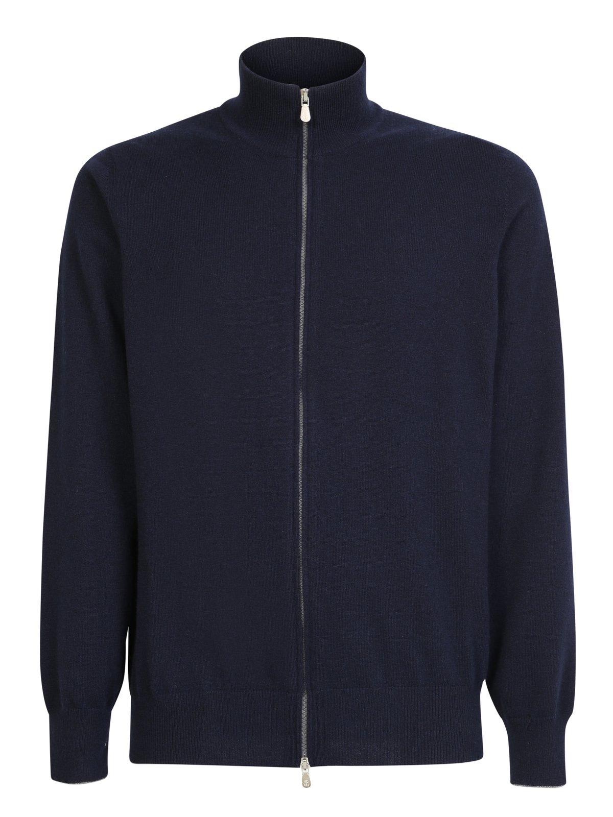 Brunello Cucinelli Zipped Knitted Cardigan In Navy