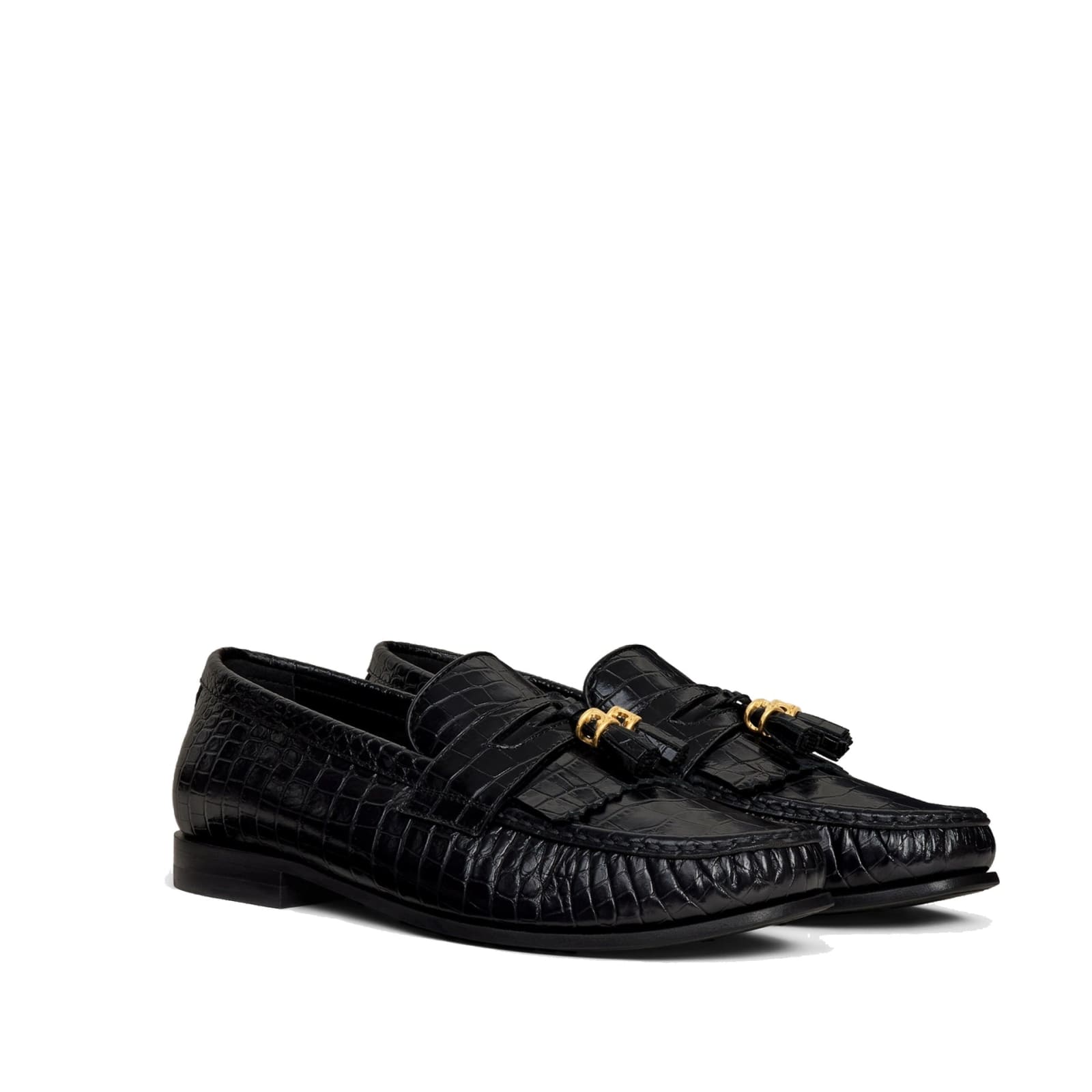Shop Celine Triomphe Tassesl Croco Loafers In Black