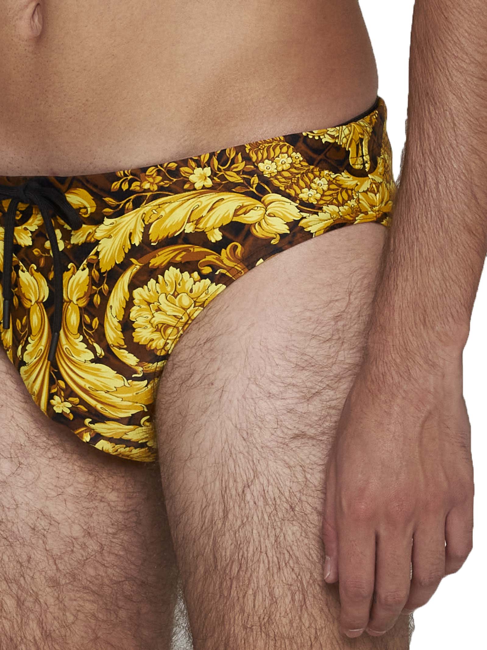 Shop Versace Swimming Trunks In Caramel+black+gold