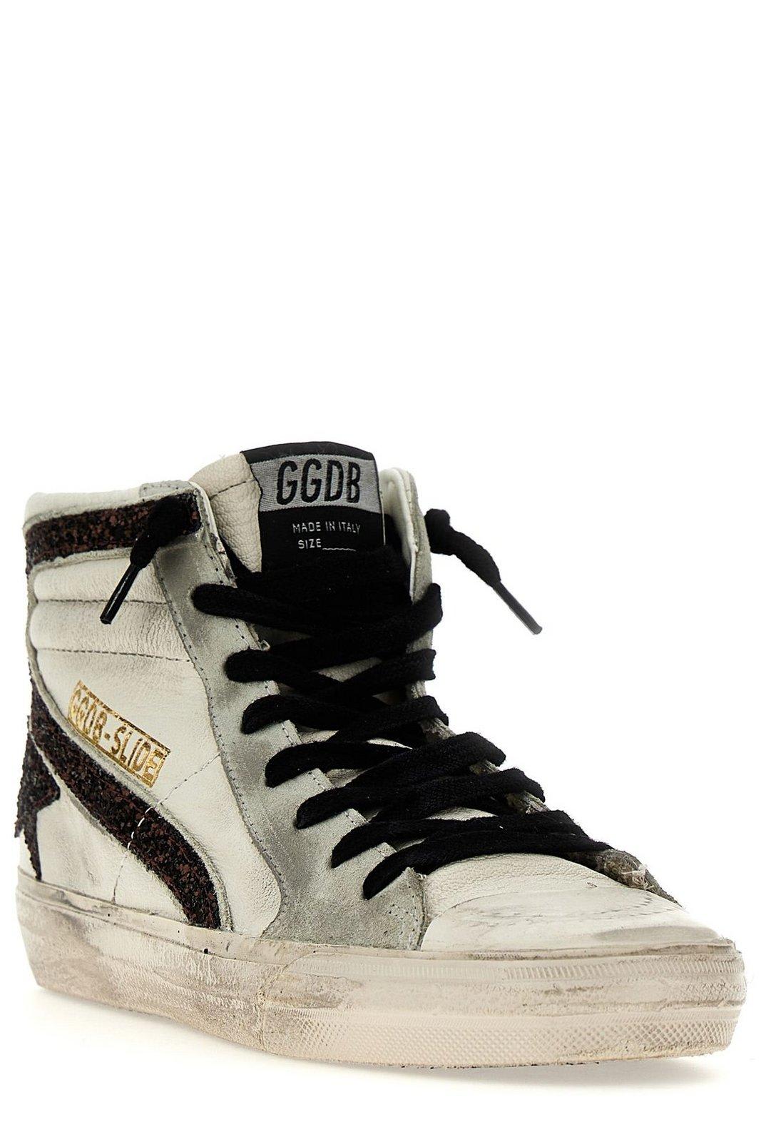 Shop Golden Goose Slide Sequin-embellished Lace-up Sneakers In White